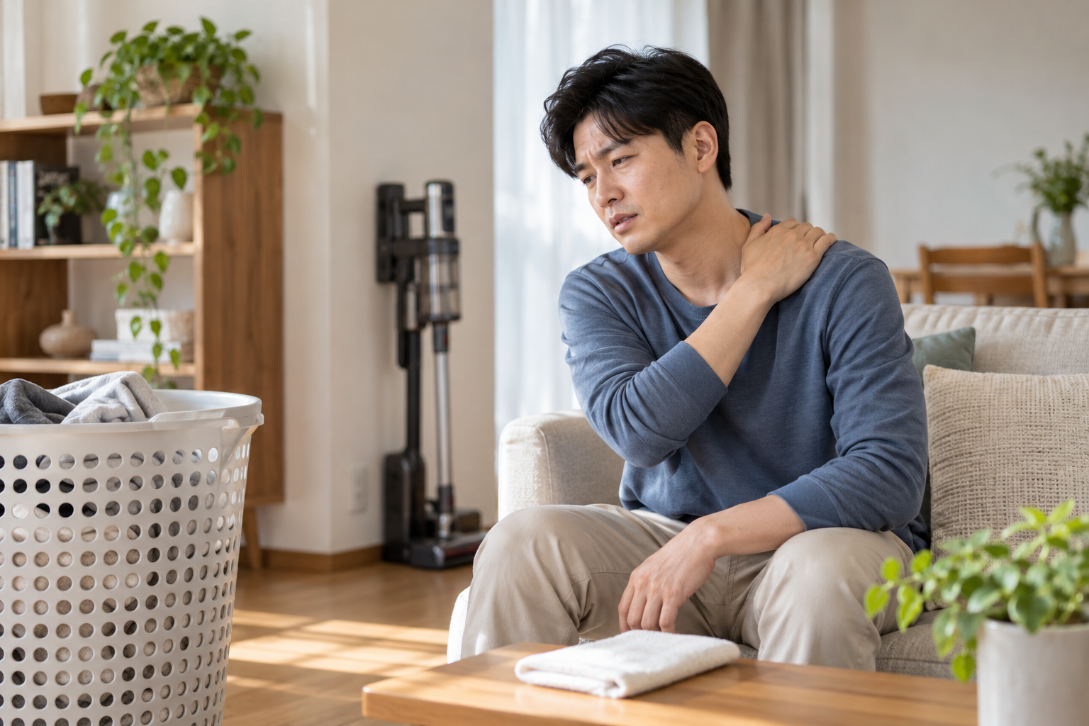 집안일 뒤 어깨를 가볍게 짚고 앉아 있는 남성