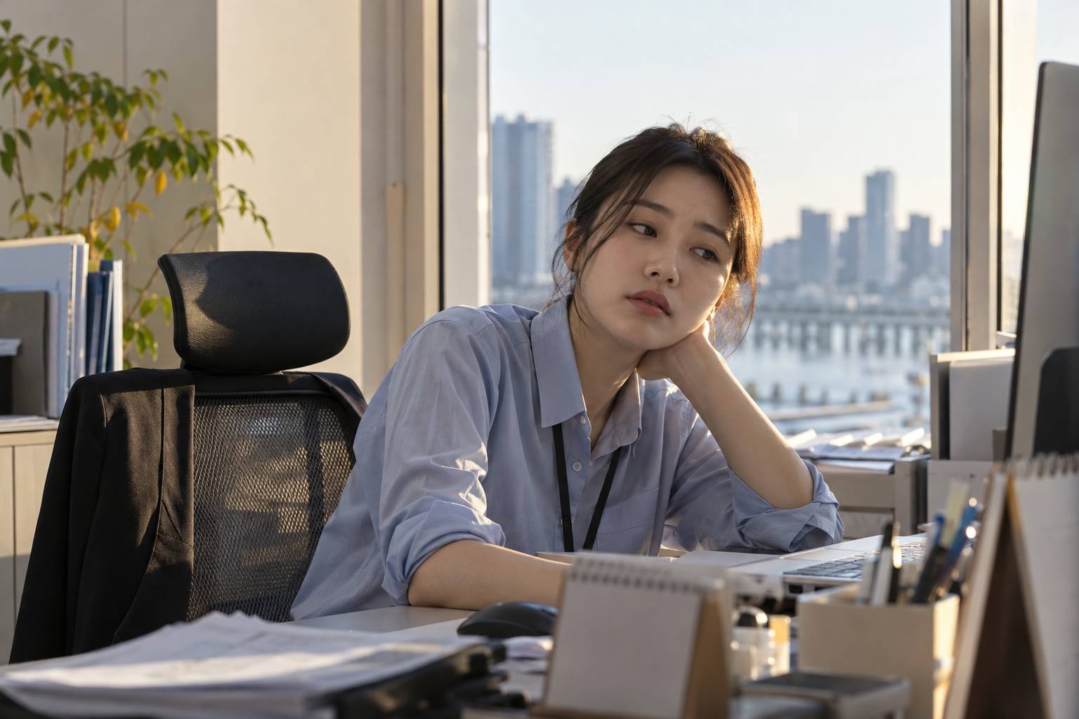 사무실 책상에서 피곤한 표정으로 잠시 쉬는 여성
