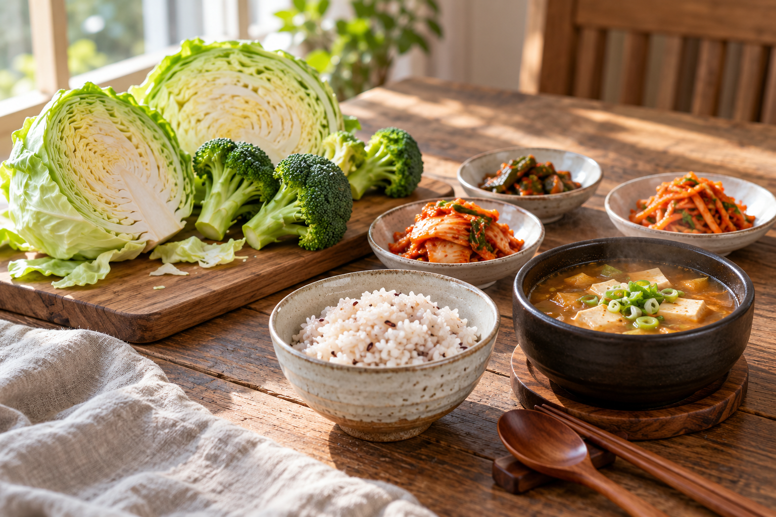 도마 위 양배추와 브로콜리 옆에 놓인 한국 가정식