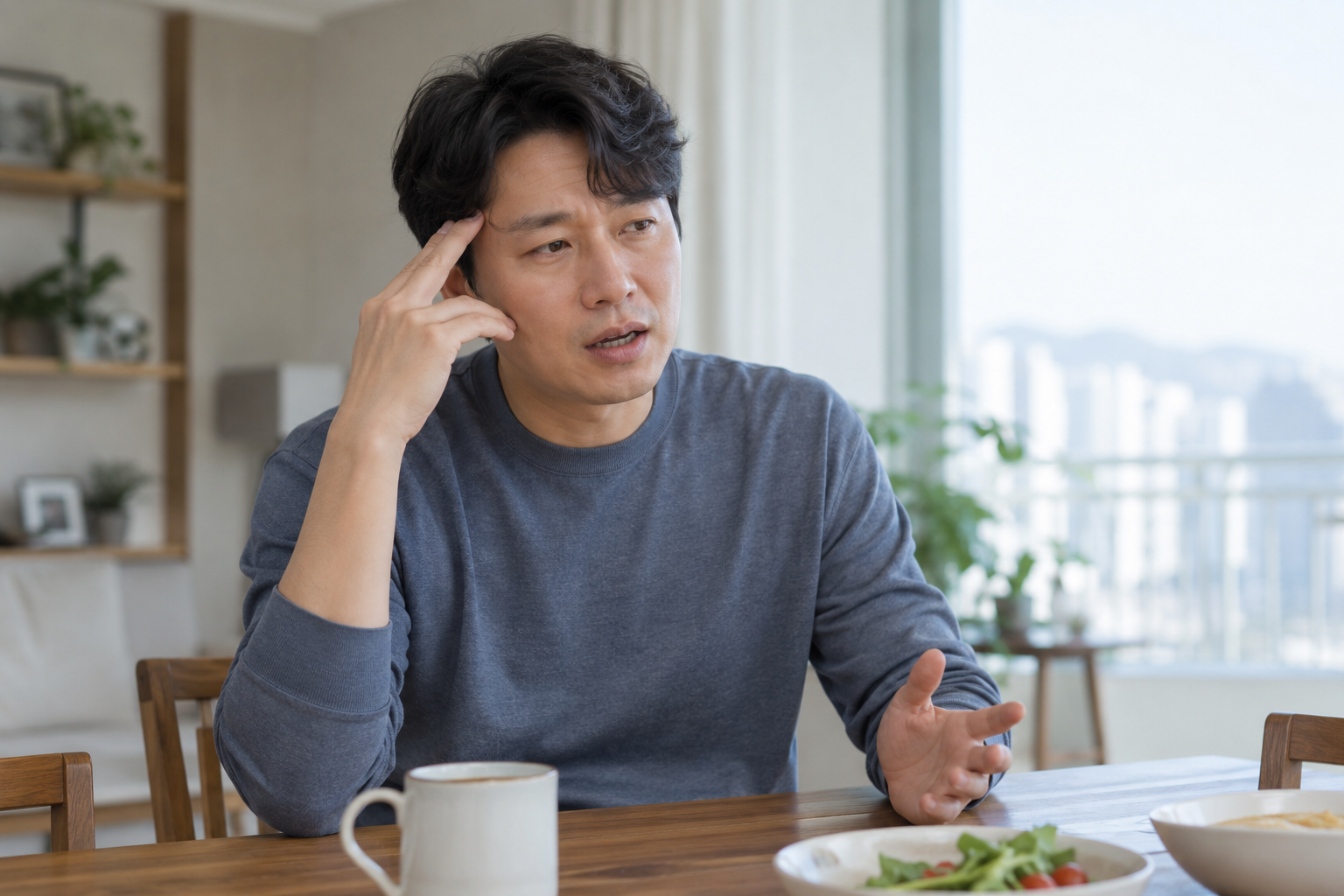 식탁에 앉아 어지럼 증상을 설명하는 중년 남성