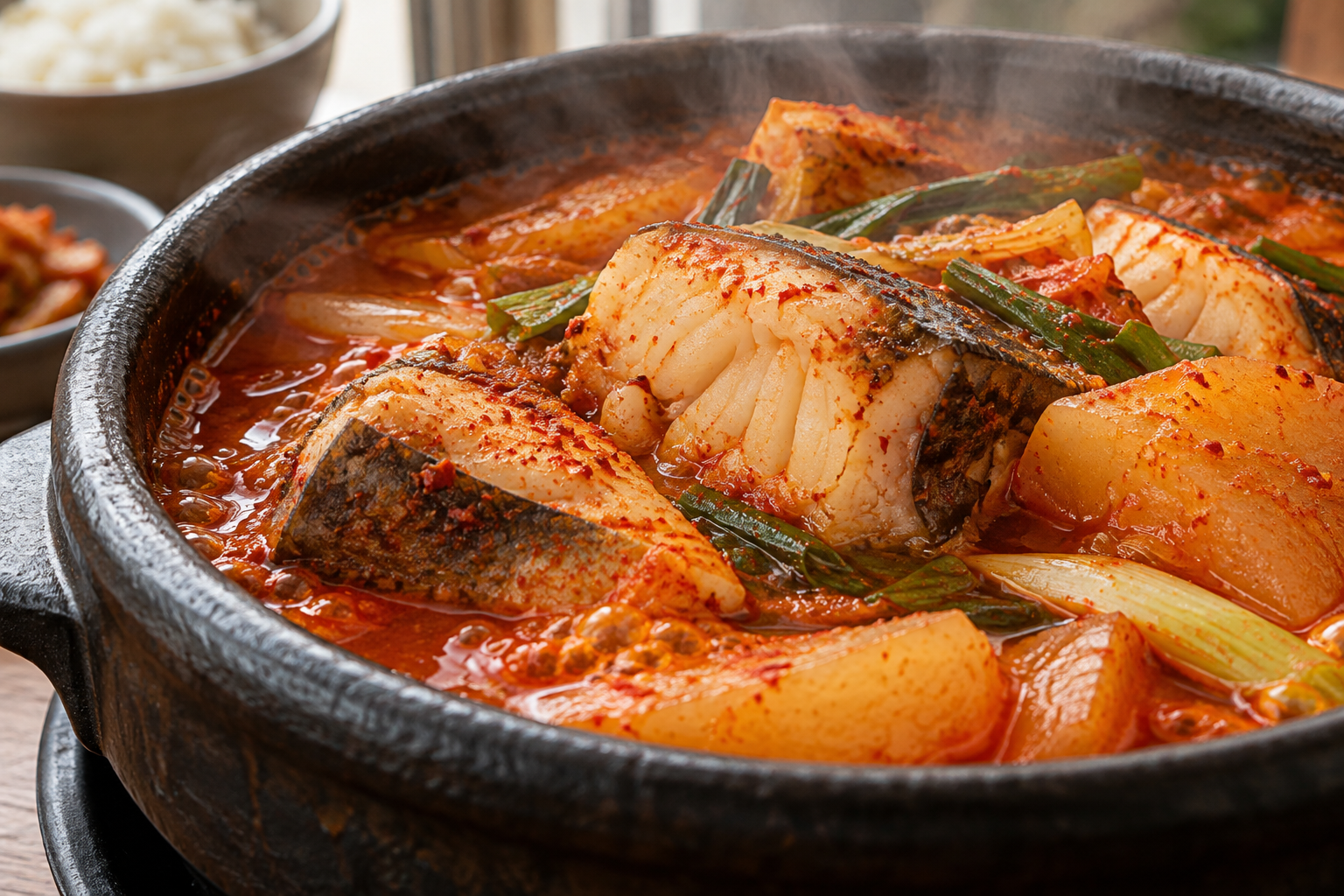 동태찌개의 흰 생선살과 붉은 국물