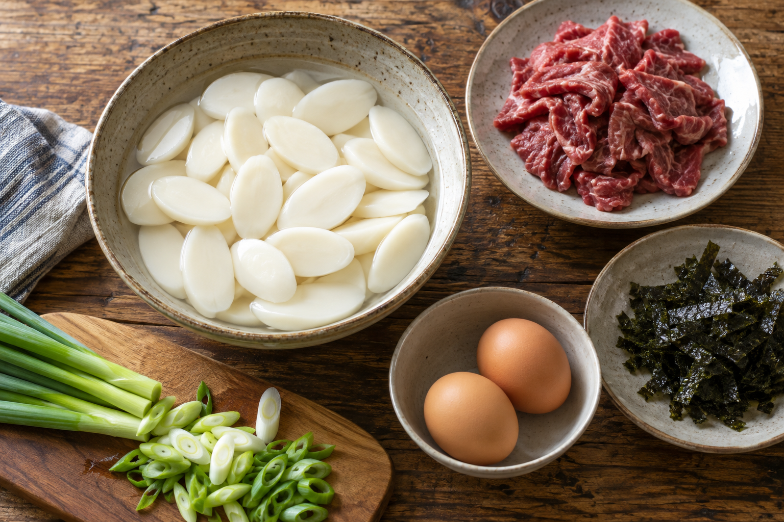떡국떡과 소고기, 달걀, 대파, 김을 펼쳐 놓은 2인분 재료