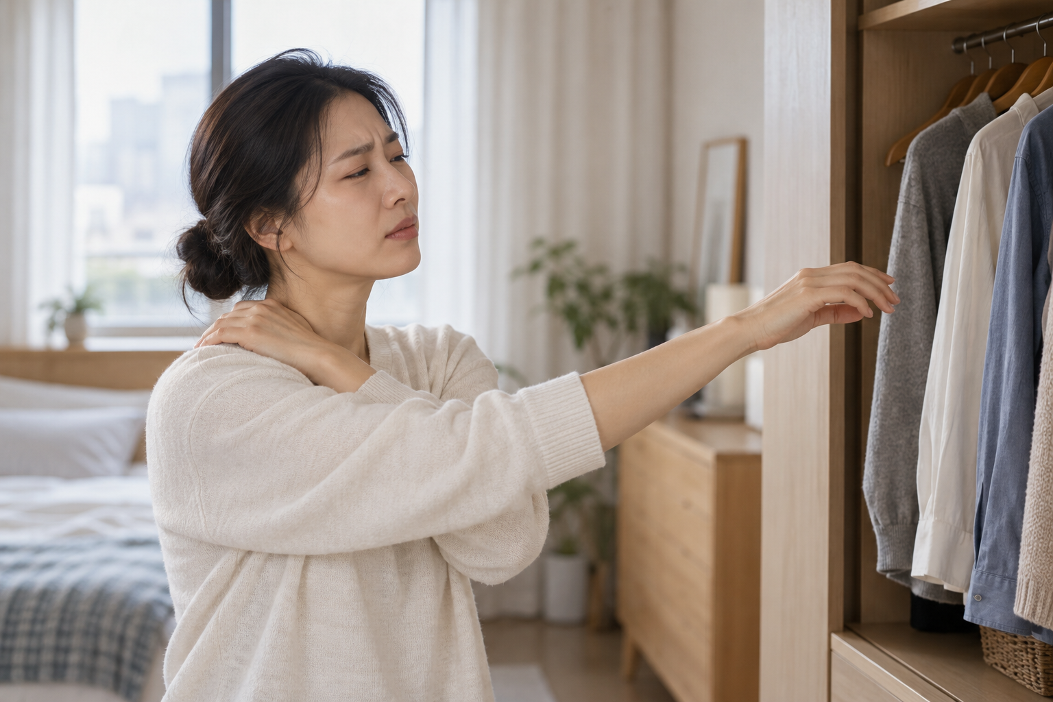 옷장 앞에서 팔을 편안한 높이까지만 들어보는 여성