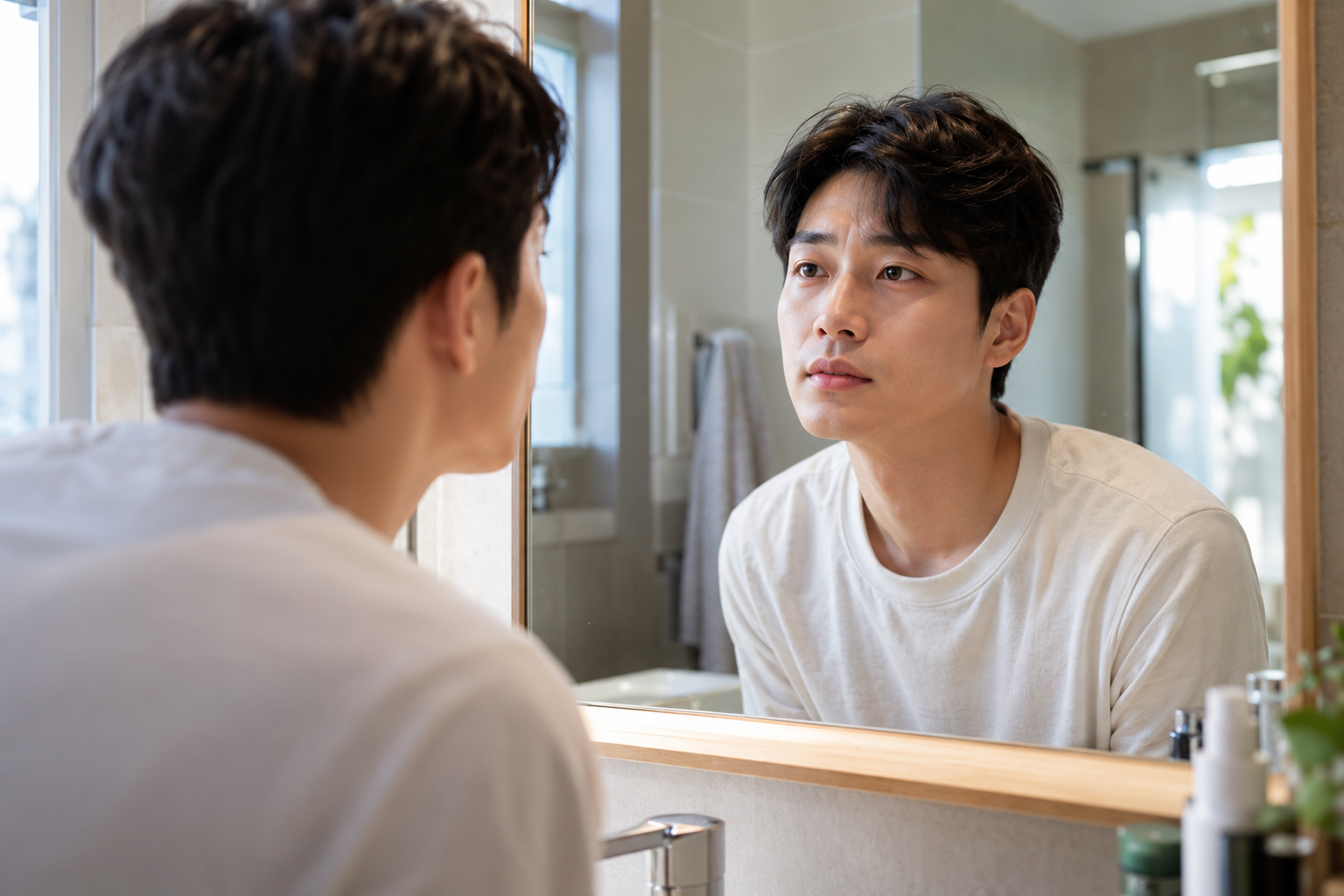욕실 거울로 눈 주변을 살펴보는 한국인 남성