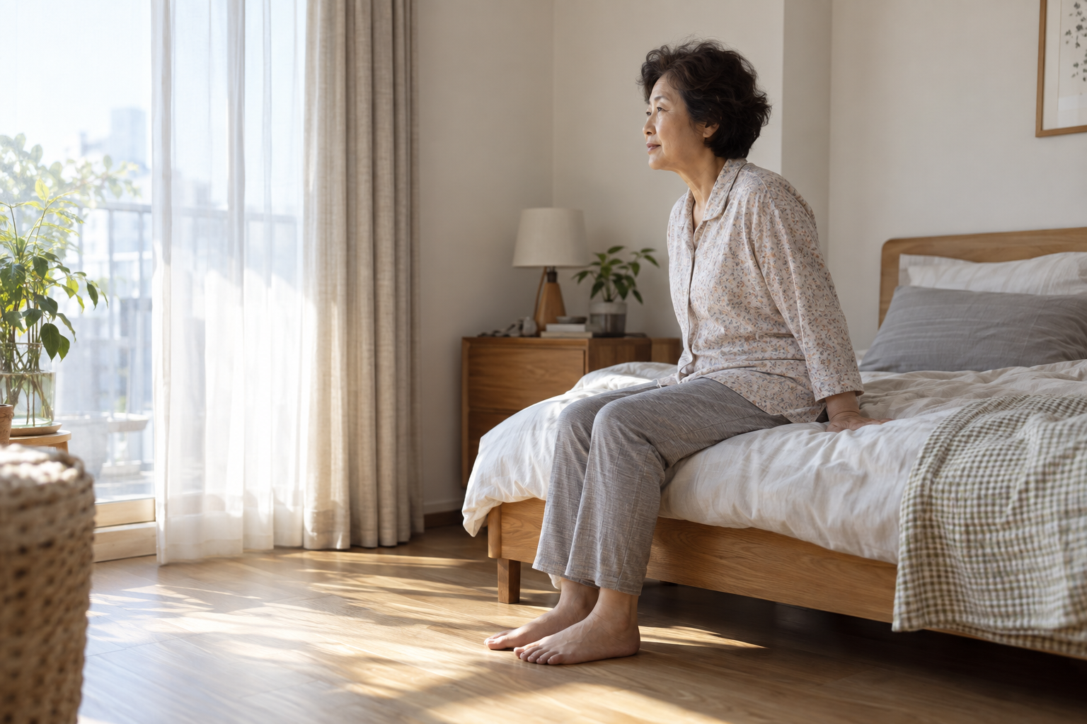 침대 가장자리에 앉아 일어나기 전 잠시 쉬는 여성