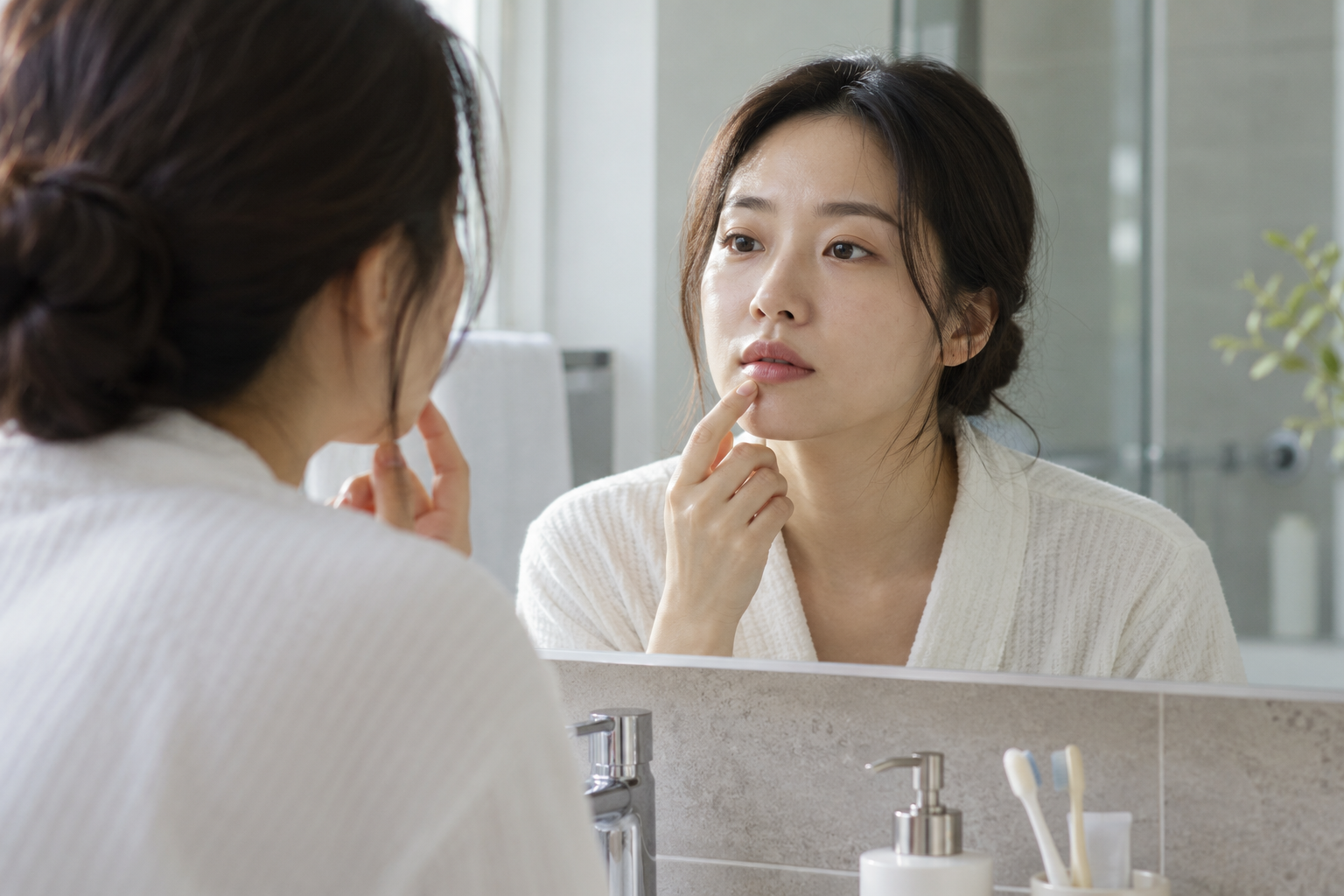 거울로 얼굴과 입술 상태를 확인하는 여성