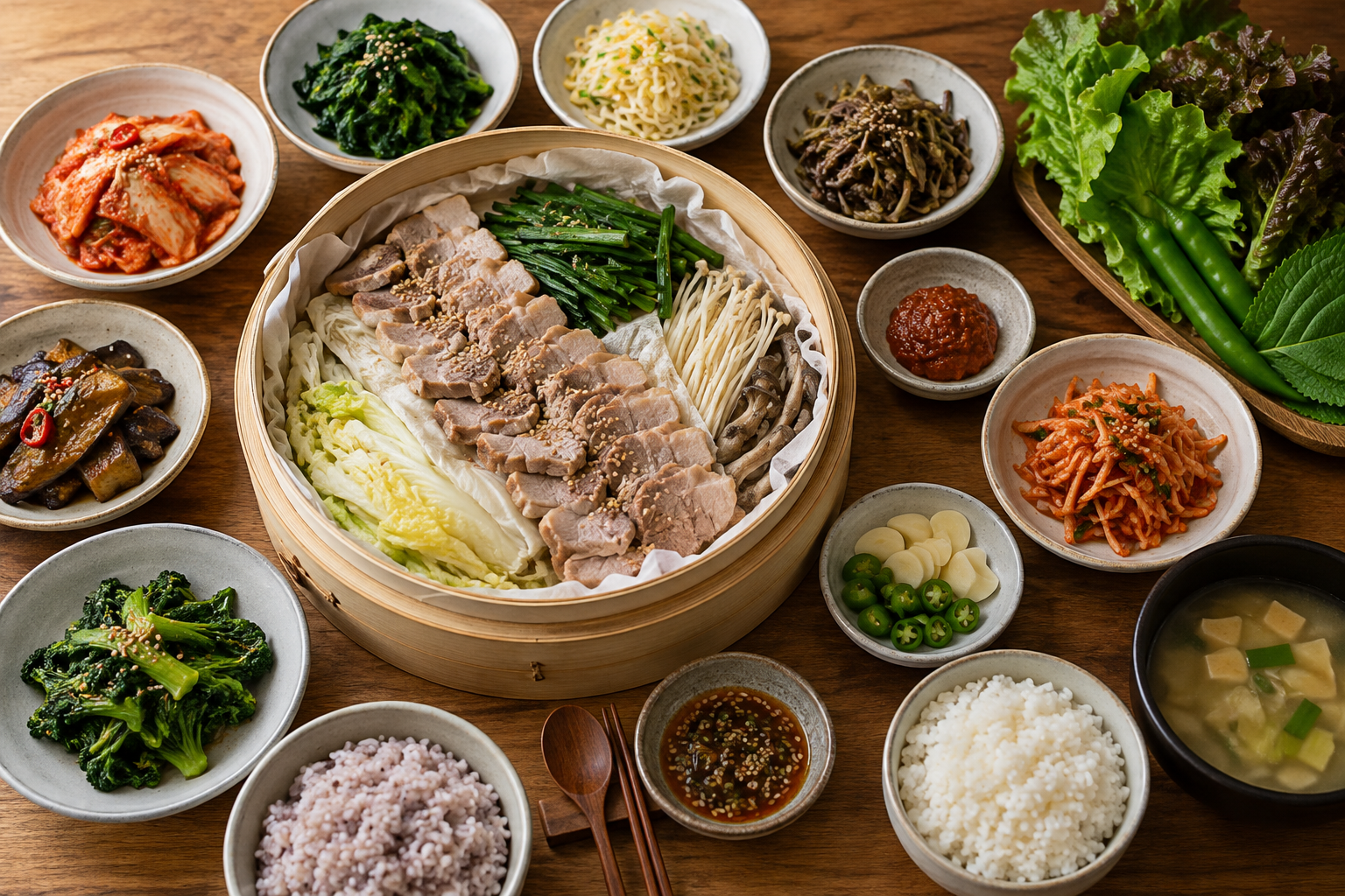 채소 반찬과 찜 요리가 놓인 한식 밥상