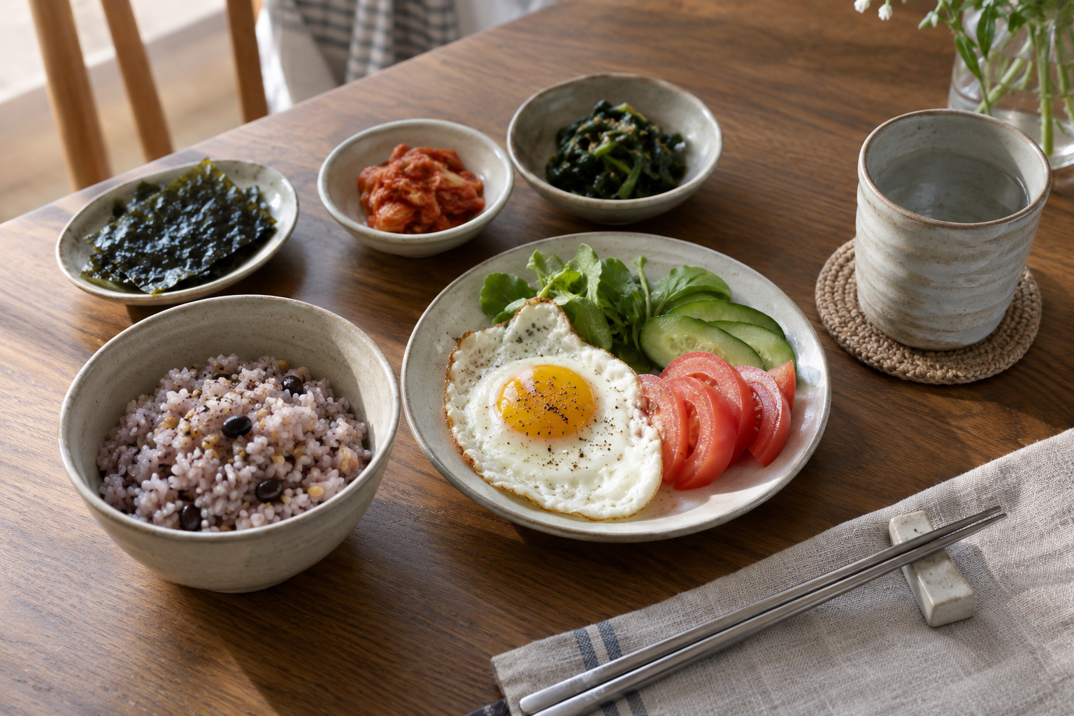 잡곡밥과 달걀, 채소, 반찬으로 구성한 아침 식탁