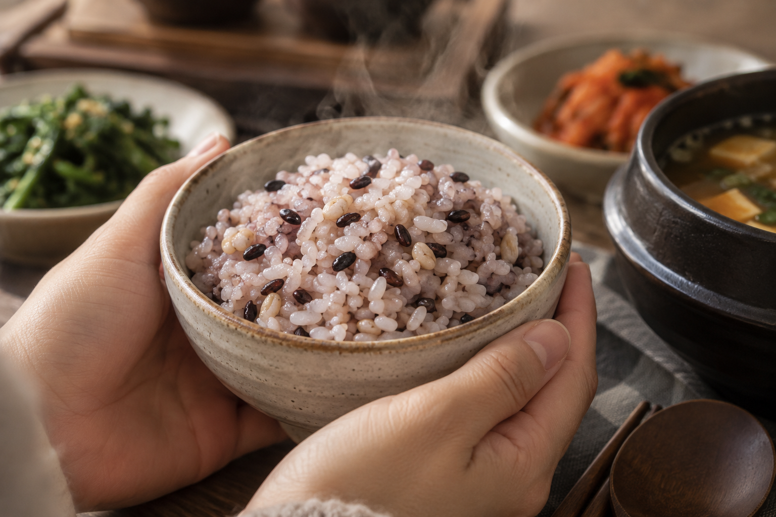 작은 도자기 그릇에 담긴 따뜻한 잡곡밥
