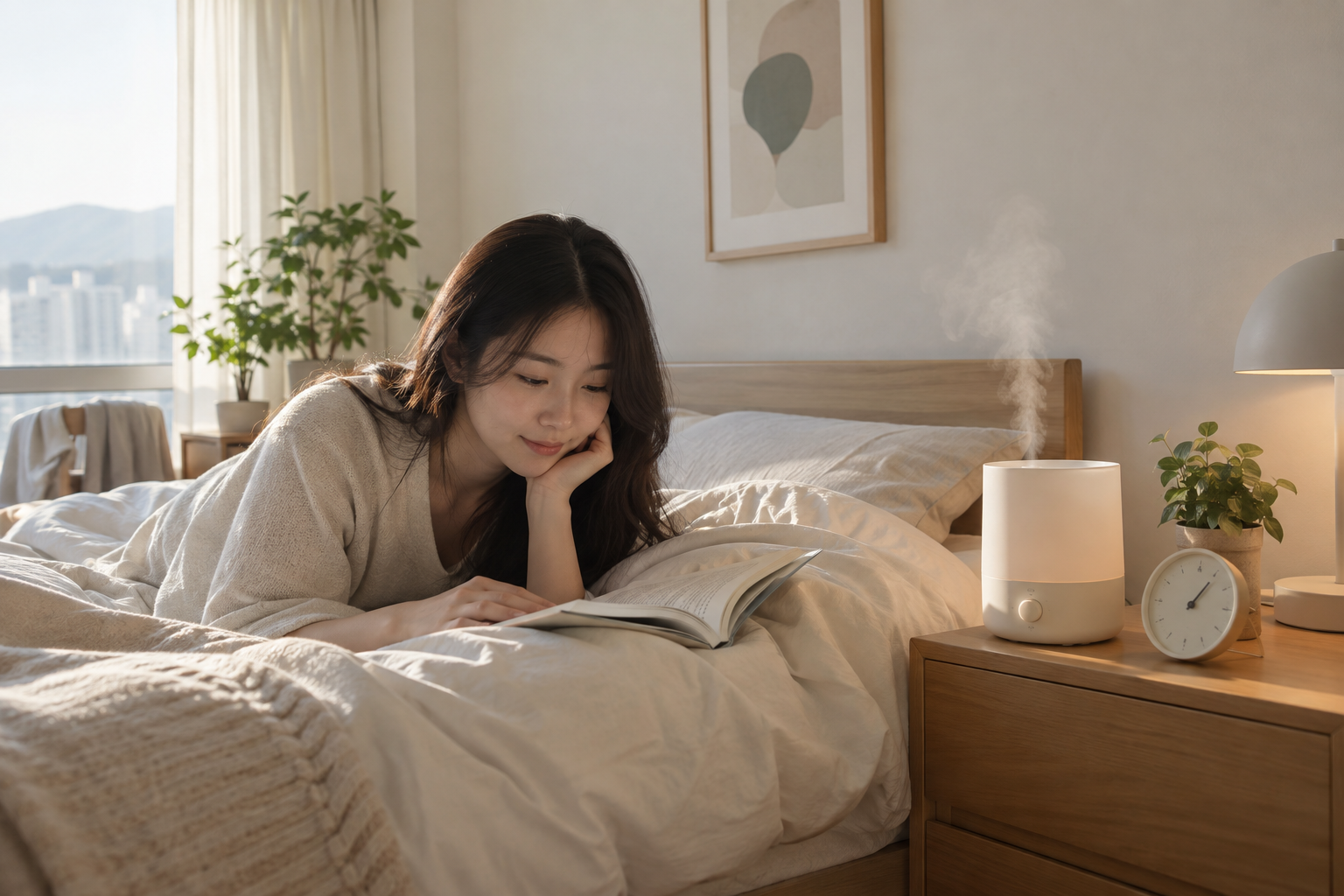 깨끗한 침실에 놓인 가습기와 습도계