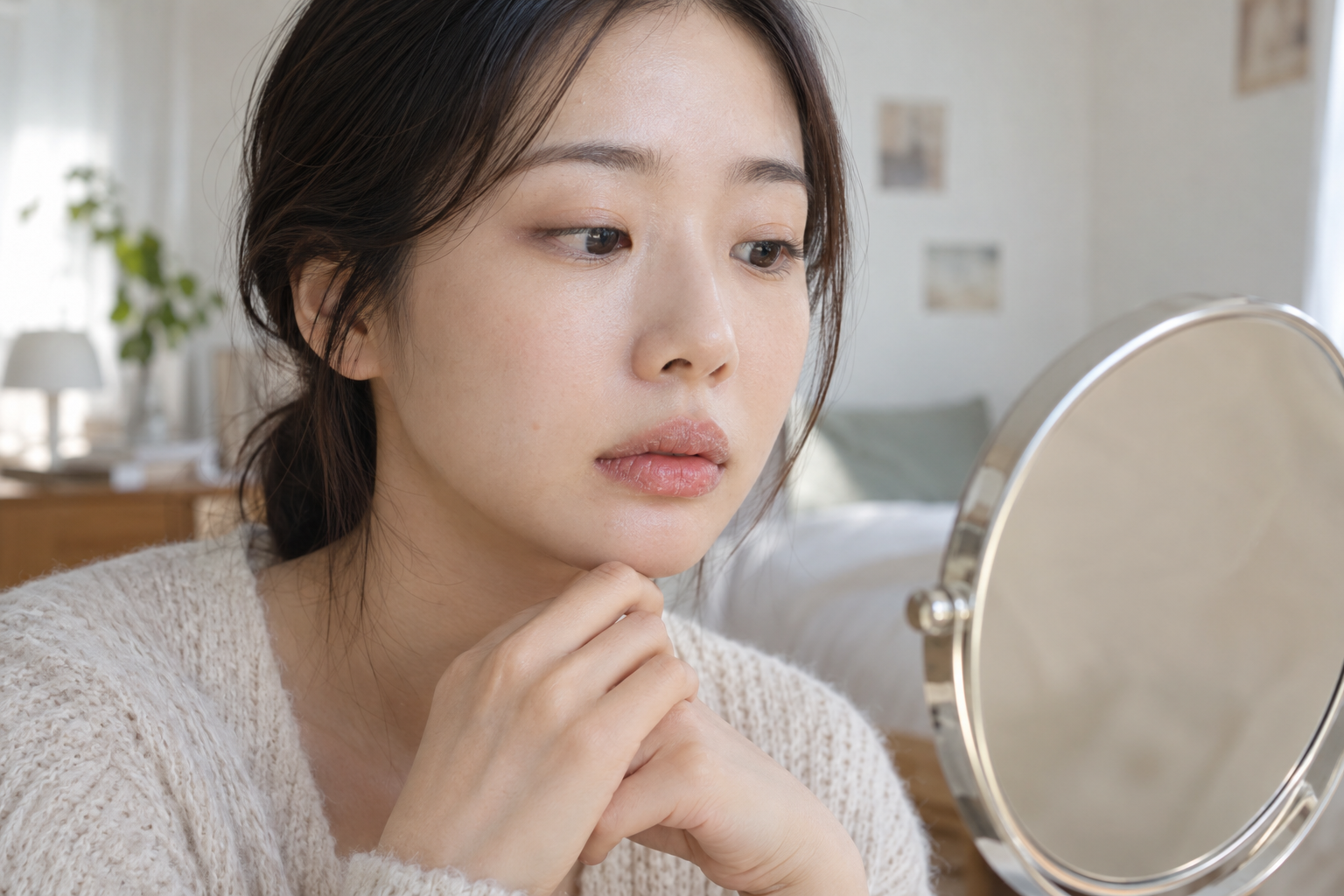 각질을 뜯지 않고 거울로 입술 상태를 확인하는 여성