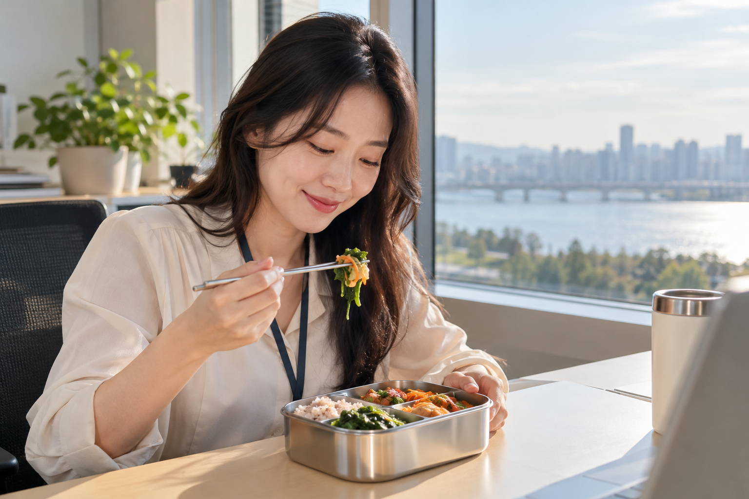밝은 사무실 창가에서 도시락을 먹는 한국 직장인