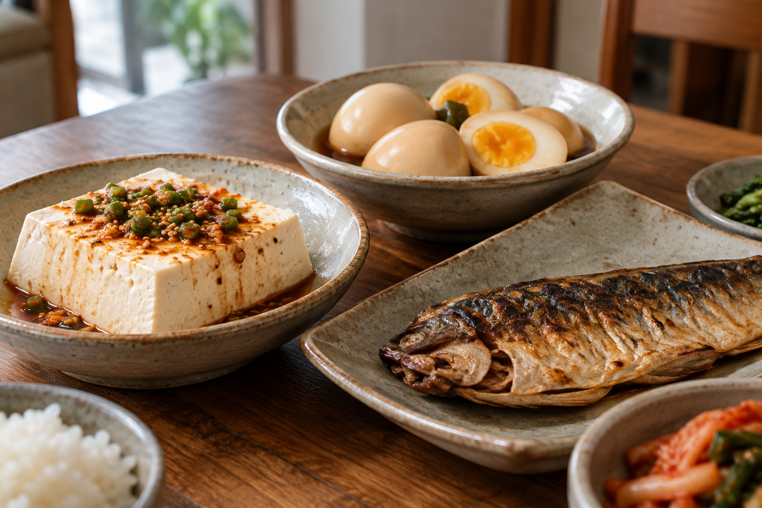 도자기 접시에 담긴 두부와 달걀, 생선구이