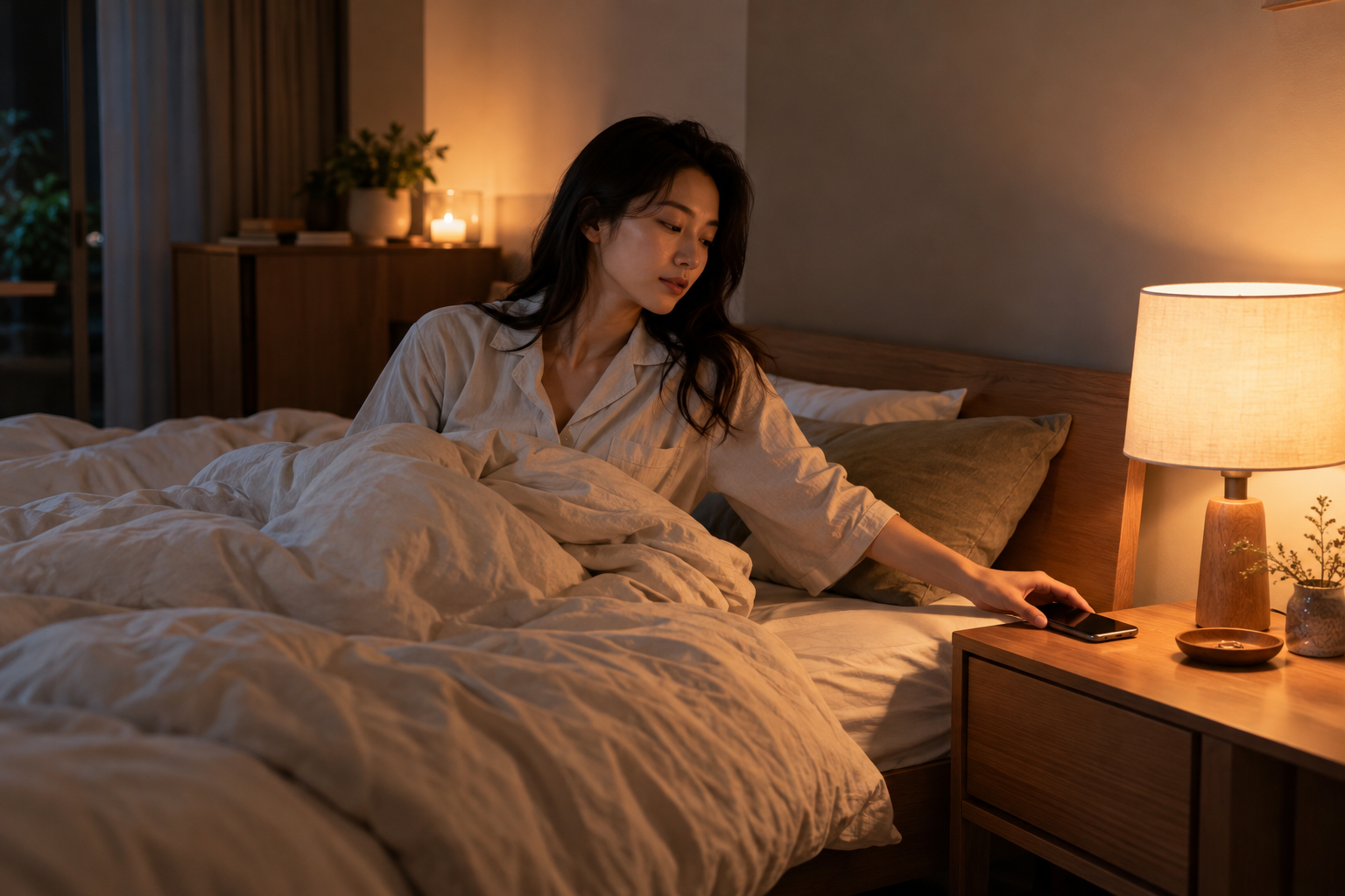 침대 옆 탁자에 휴대전화를 내려놓고 잠자리를 준비하는 여성