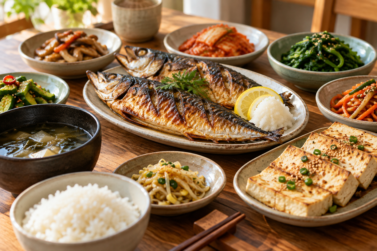 생선구이와 두부, 다양한 채소 반찬