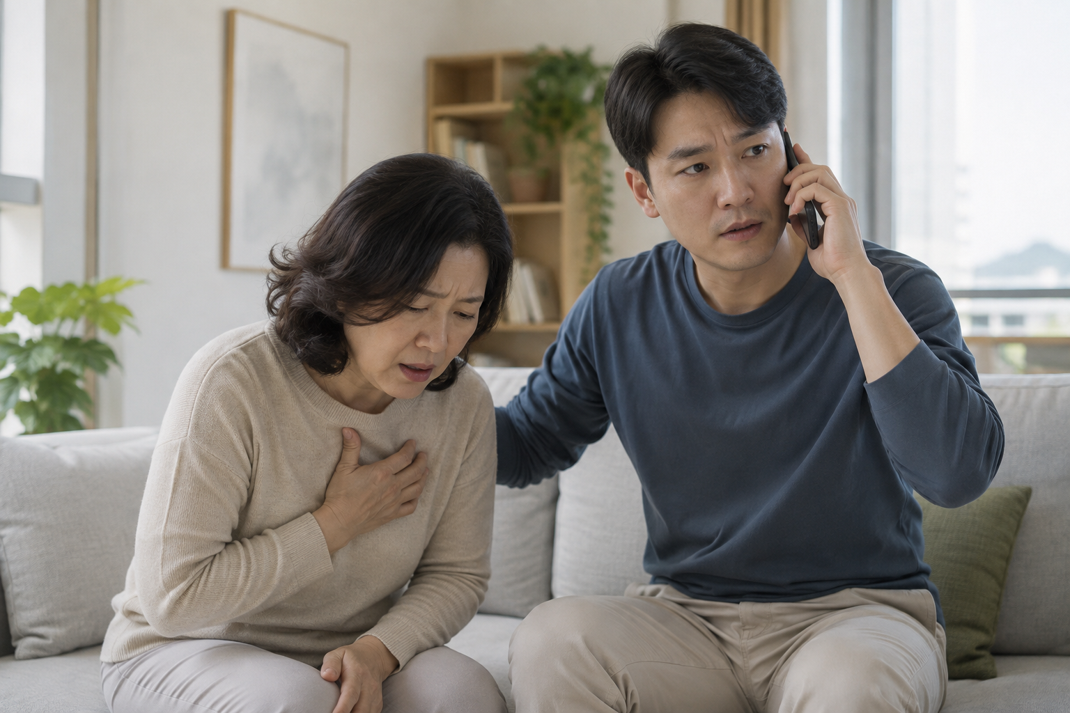가슴 통증을 느끼는 여성 옆에서 전화로 도움을 요청하는 남성