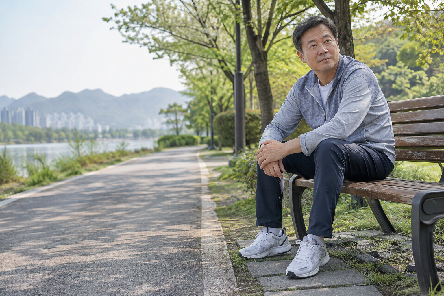 평탄한 공원 산책로 옆 벤치에서 쉬는 남성