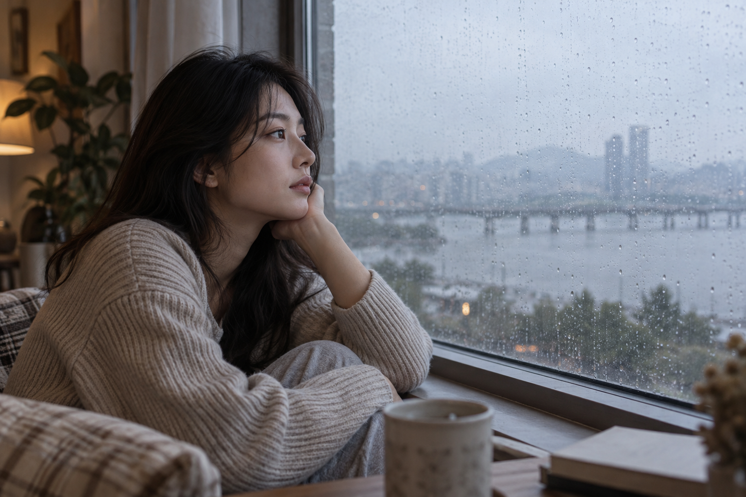 빗방울이 맺힌 창가에서 조용히 생각에 잠긴 여성