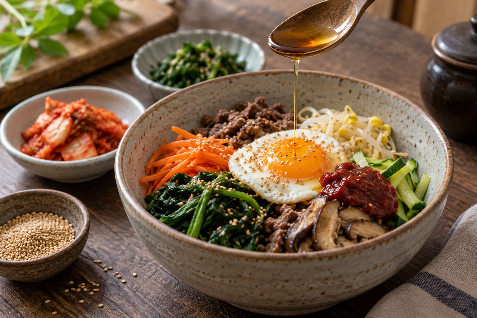 비빔밥 위에 참기름을 두르는 숟가락