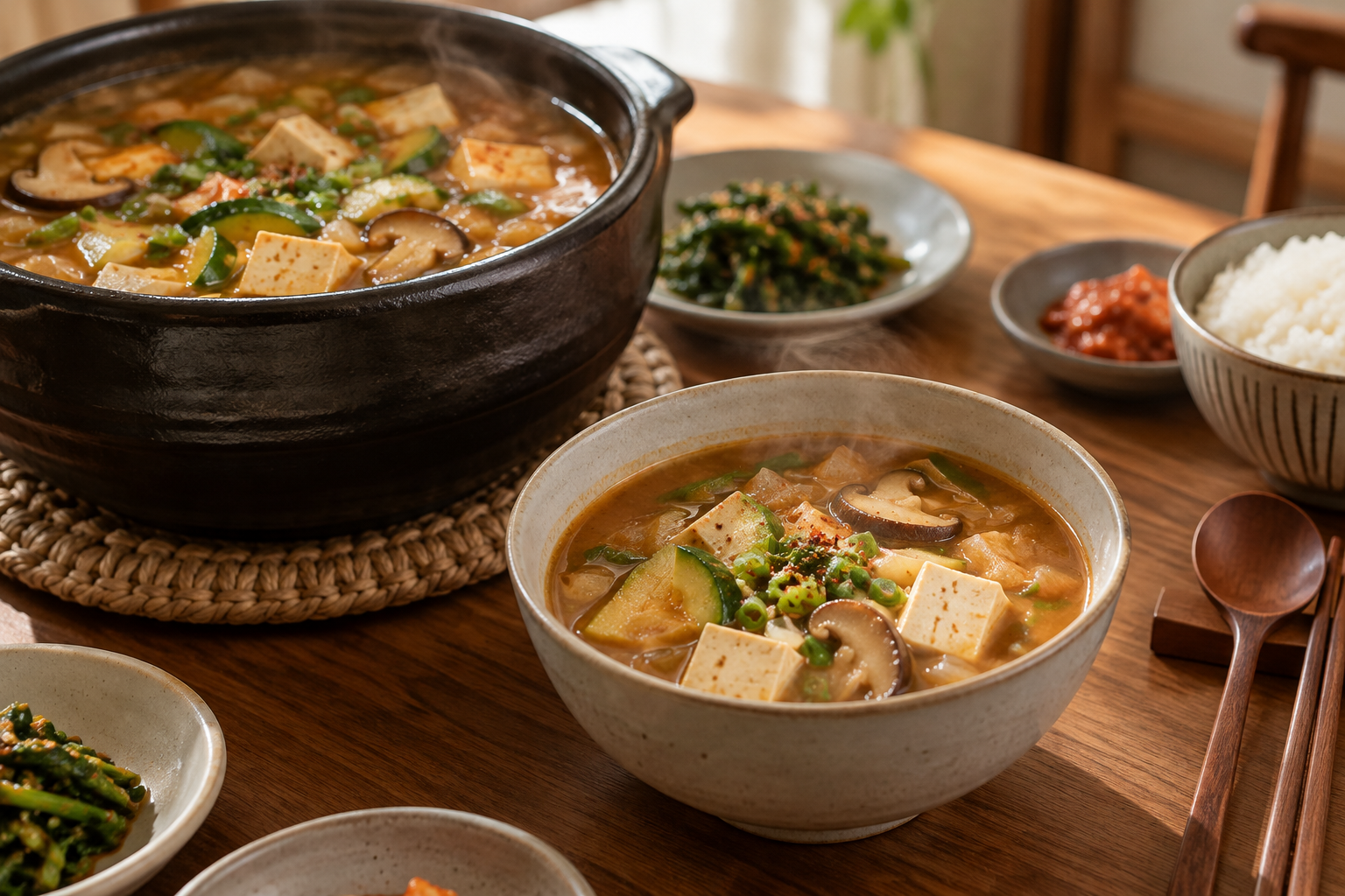 두부와 채소가 든 된장찌개를 담은 개인 그릇