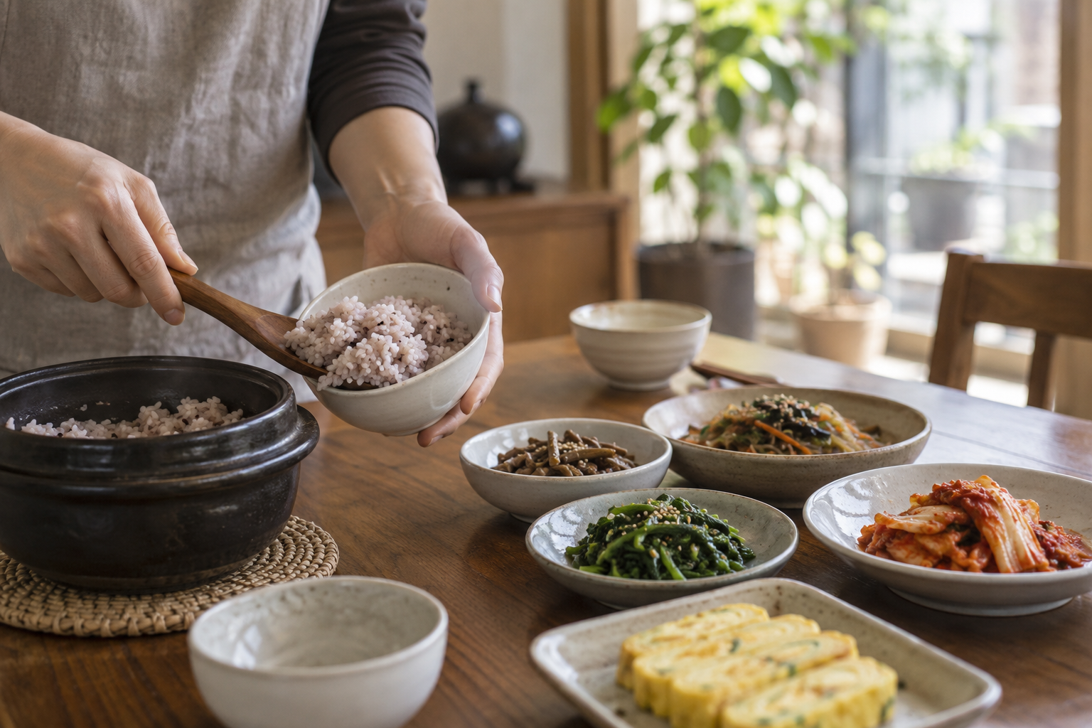 작은 밥공기에 잡곡밥을 담는 손