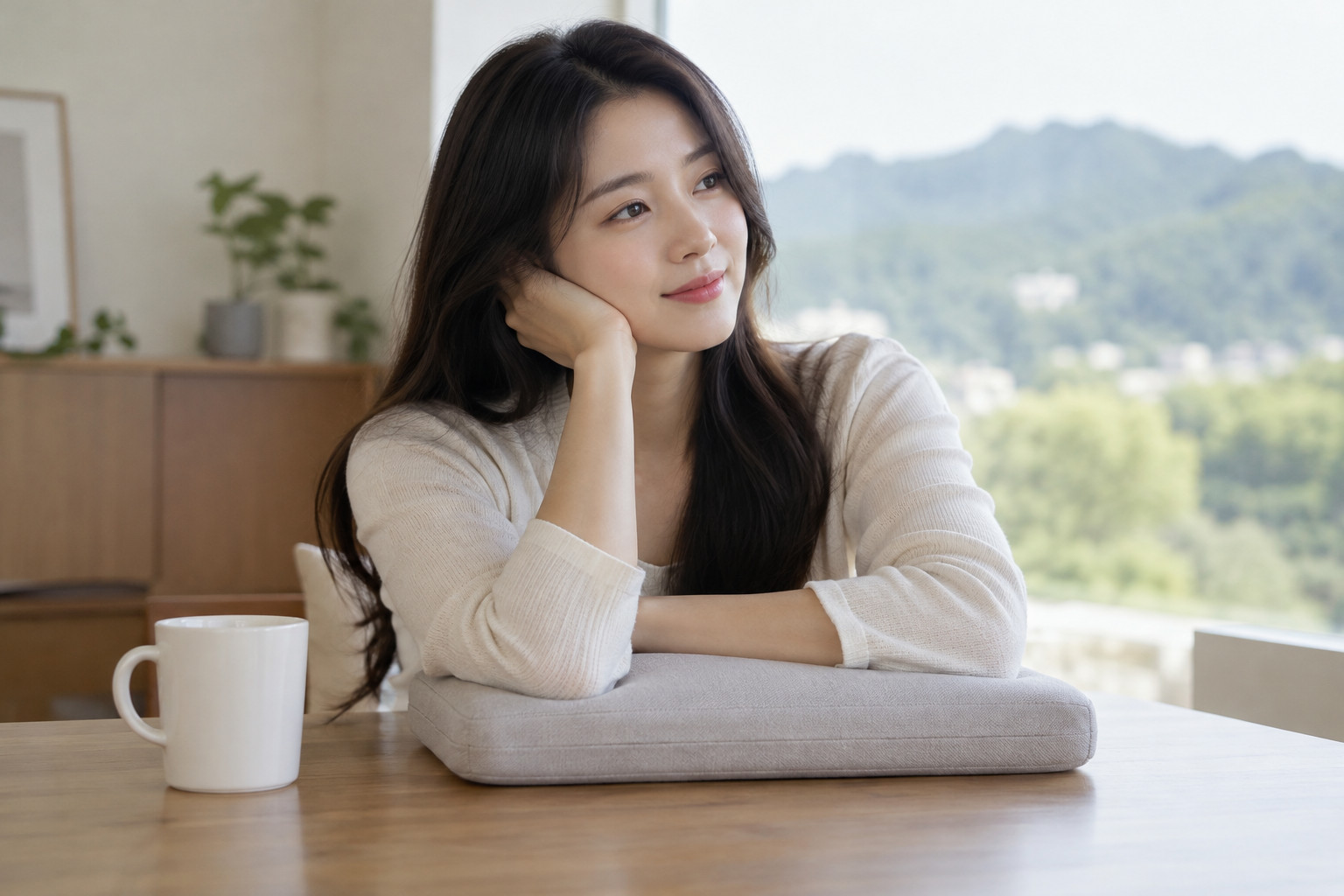 탁자 위 쿠션에 팔을 받치고 쉬는 성인