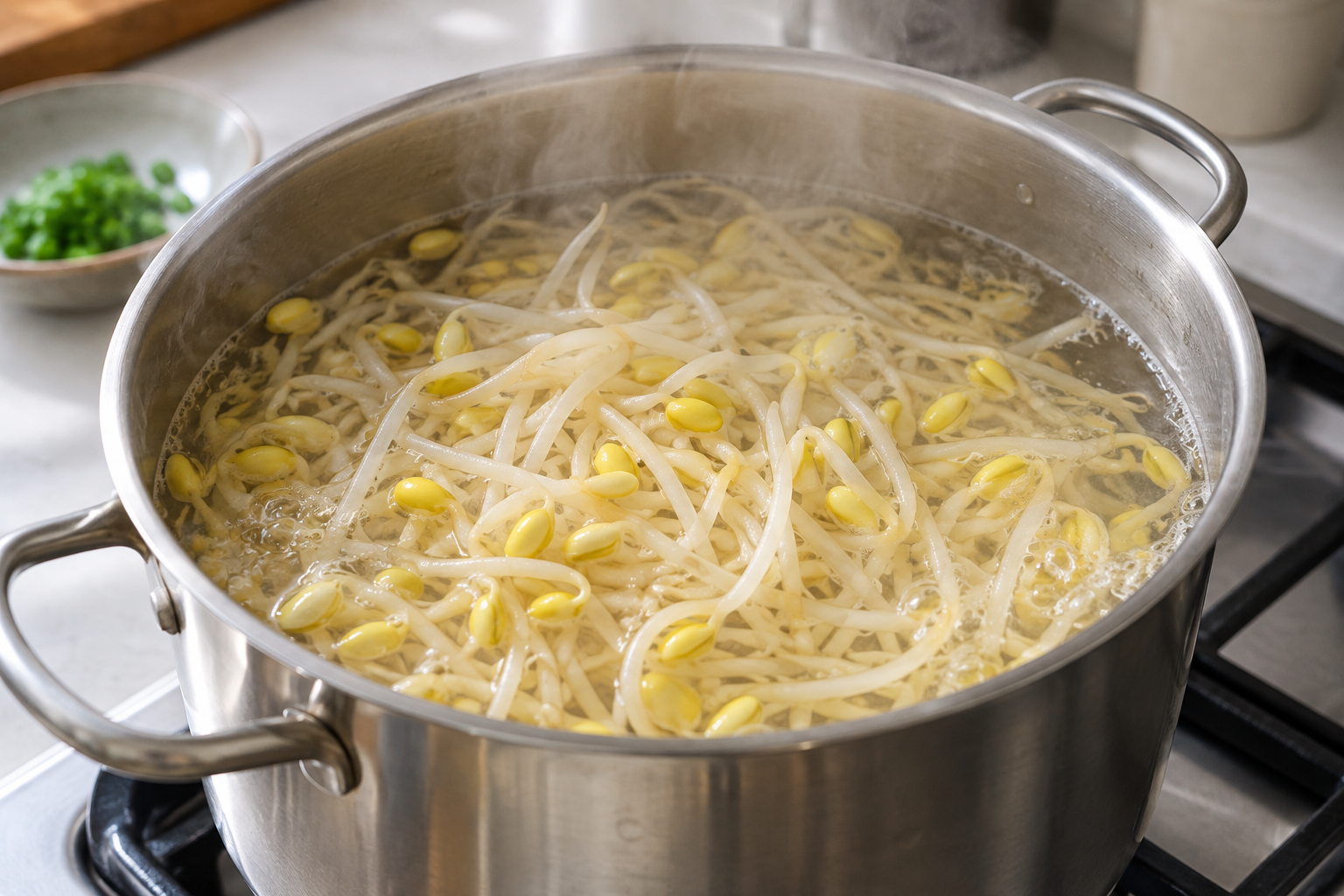 뚜껑을 연 냄비에서 노란 콩 머리가 있는 콩나물을 익히는 모습