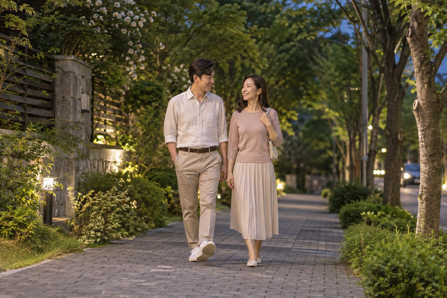 저녁에 나무가 있는 동네 길을 천천히 걷는 두 사람