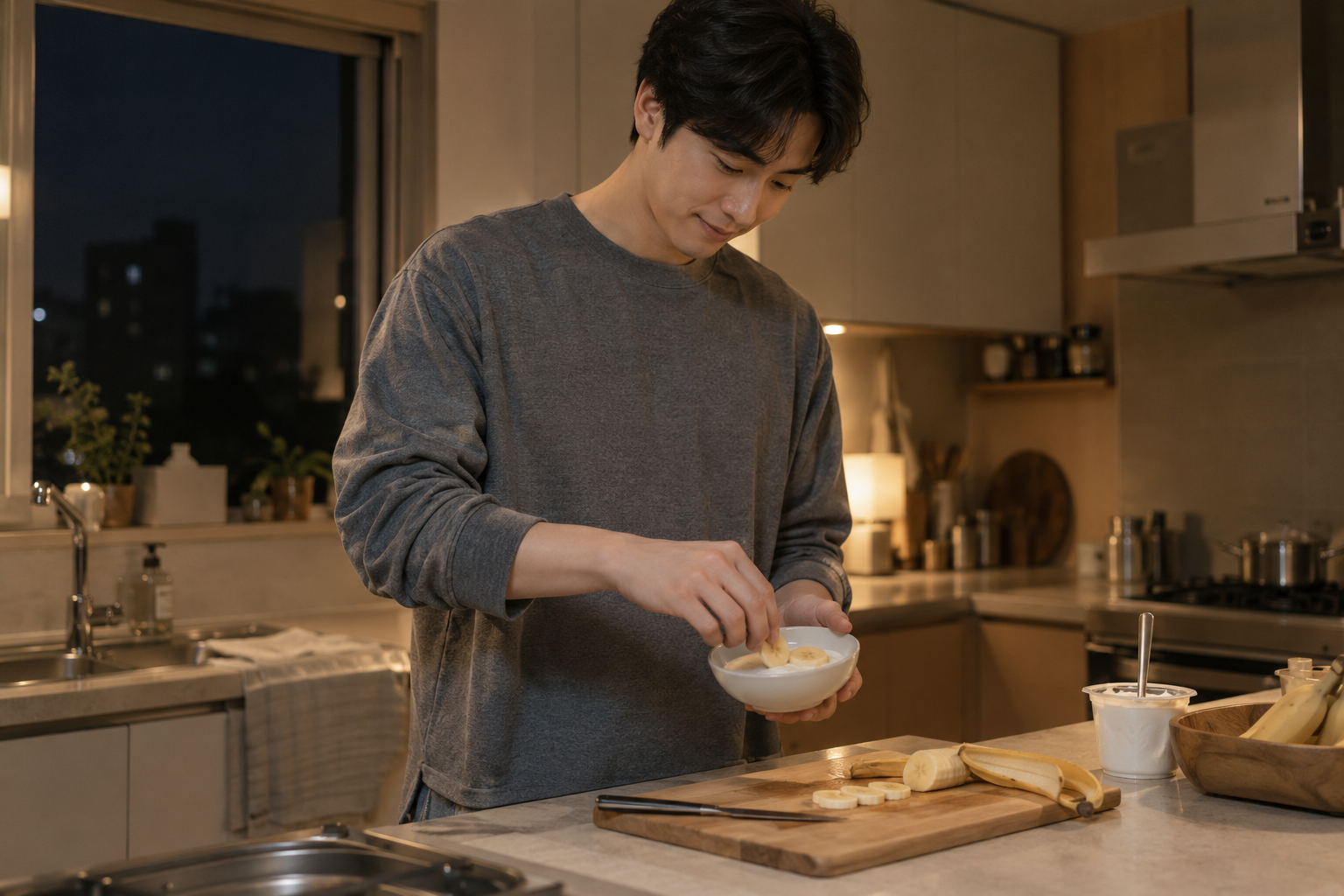 밤 주방에서 요거트와 바나나로 작은 간식을 준비하는 남성