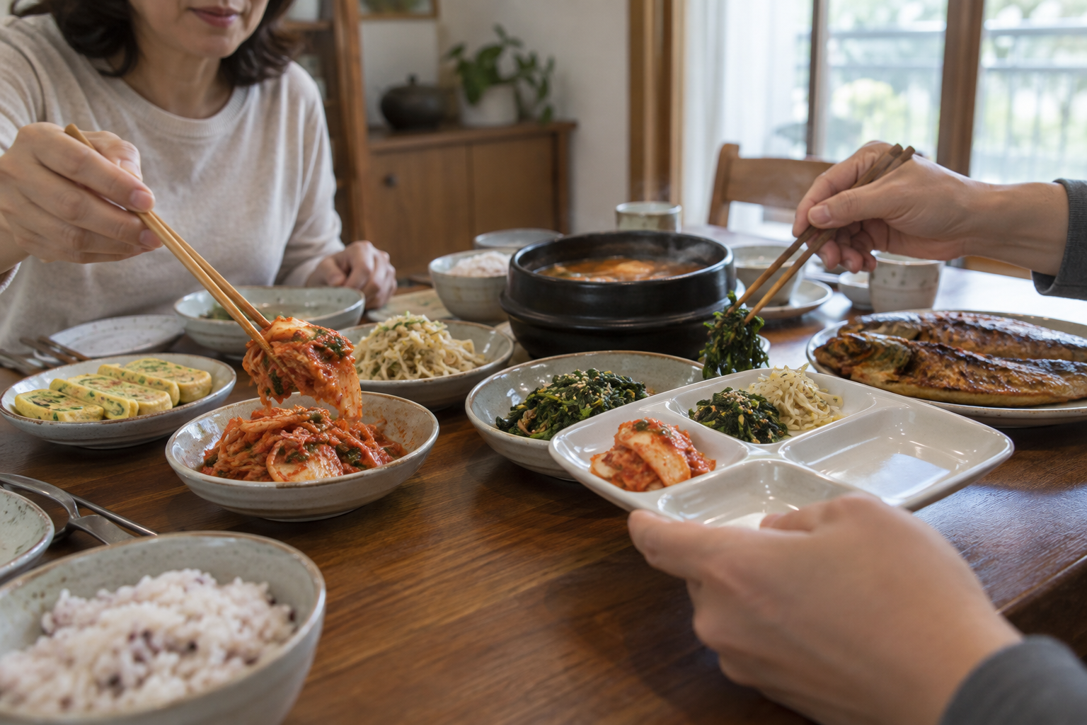 공용 한식 반찬을 개인 칸 접시에 덜어 담는 모습