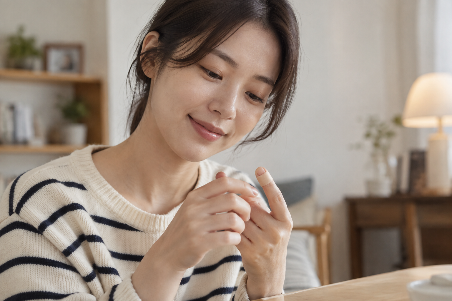 작은 반창고로 보호한 손가락을 살펴보는 모습