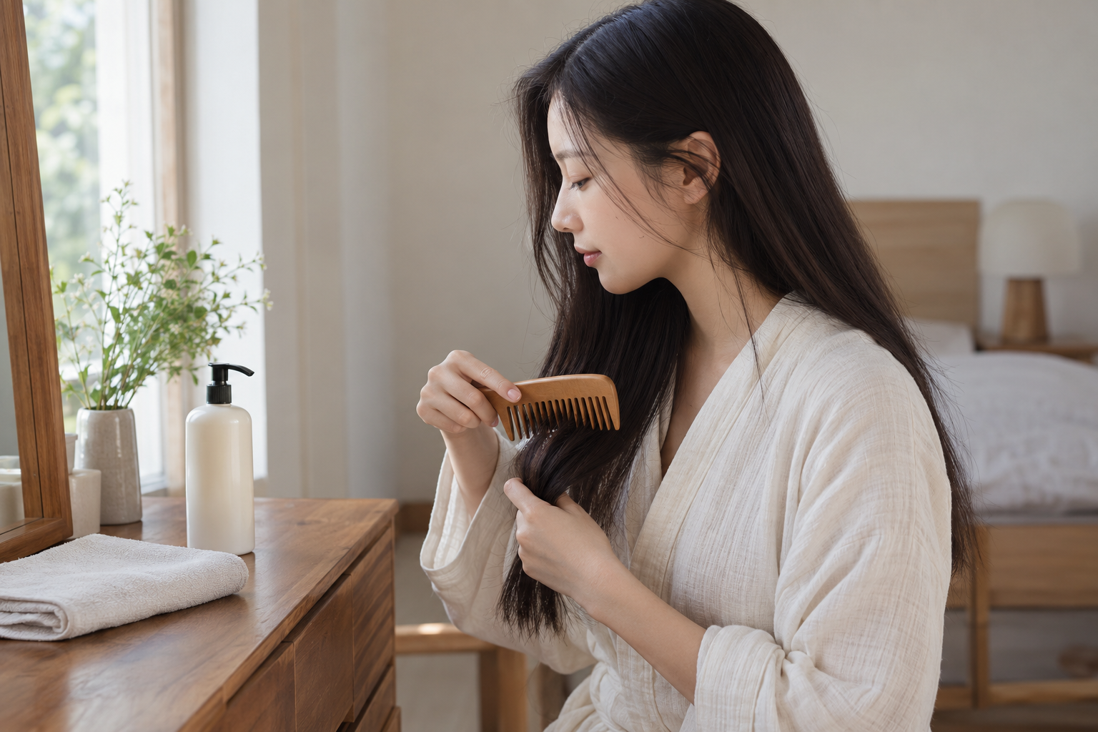 화장대 앞에서 성긴 빗으로 긴 머리카락을 부드럽게 빗는 여성
