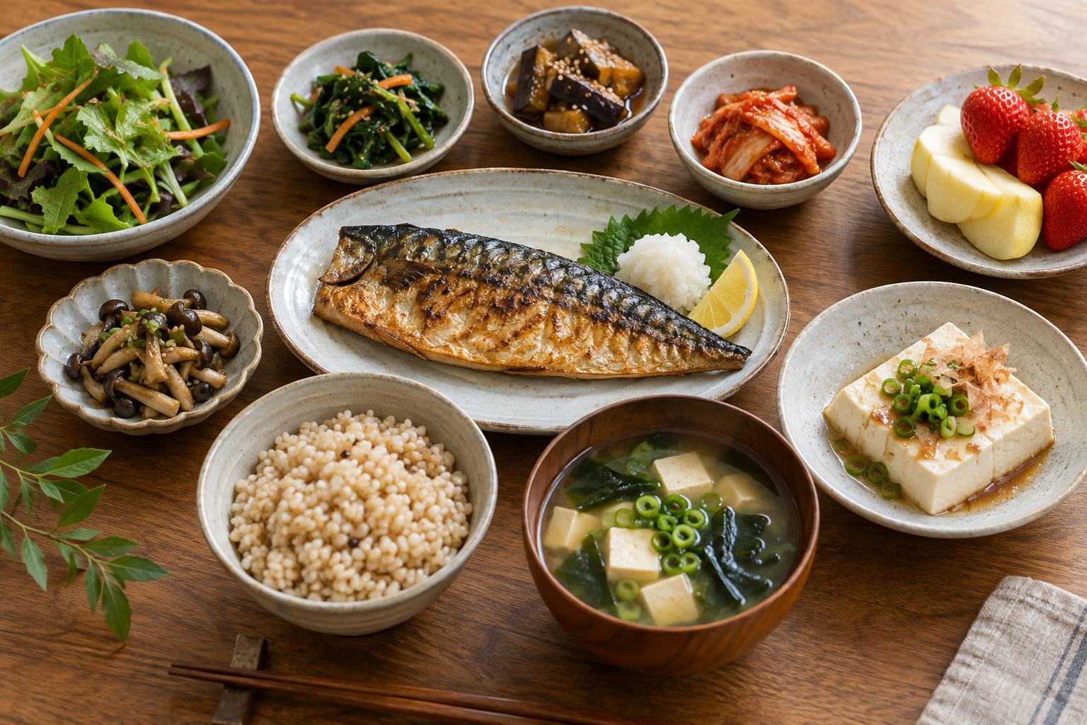잡곡밥과 생선, 두부, 채소, 과일로 구성한 식탁