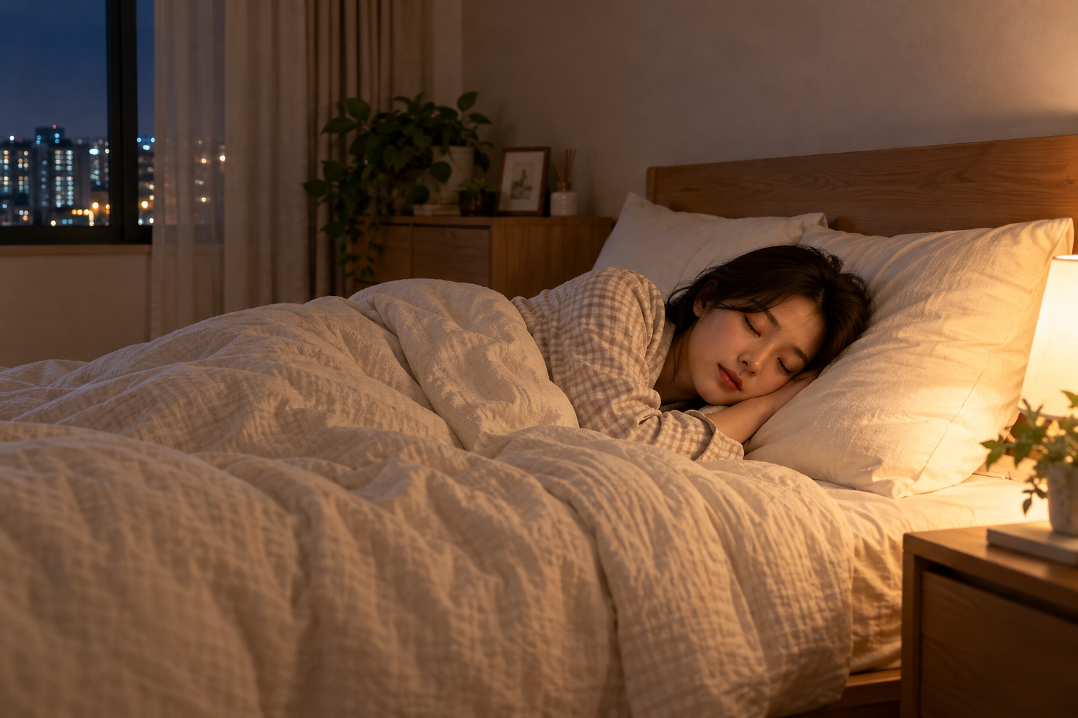 은은한 조명의 침실에서 편안하게 잠든 여성
