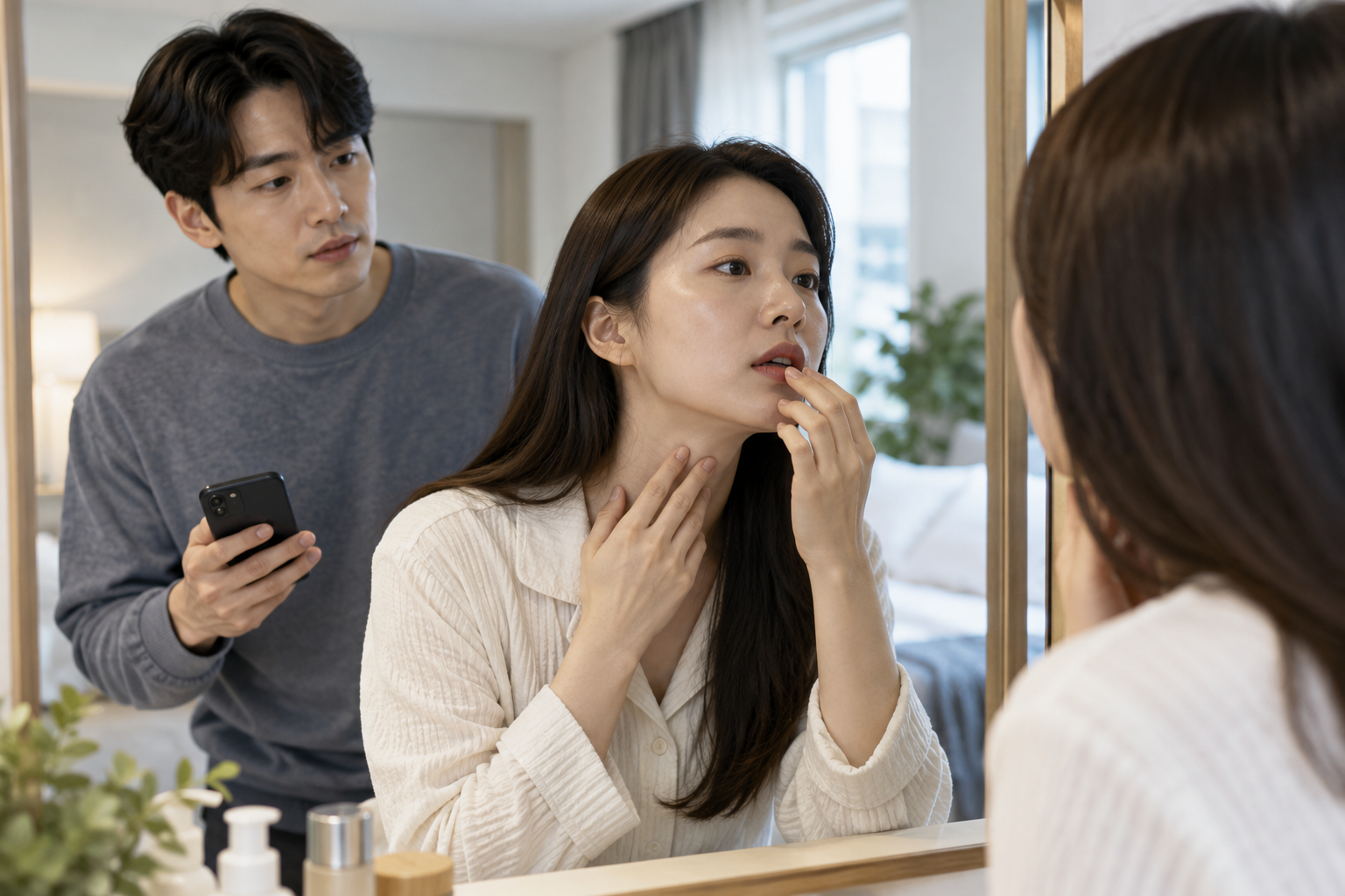 거울로 입술과 목을 확인하고 곁에서 휴대전화를 준비하는 모습