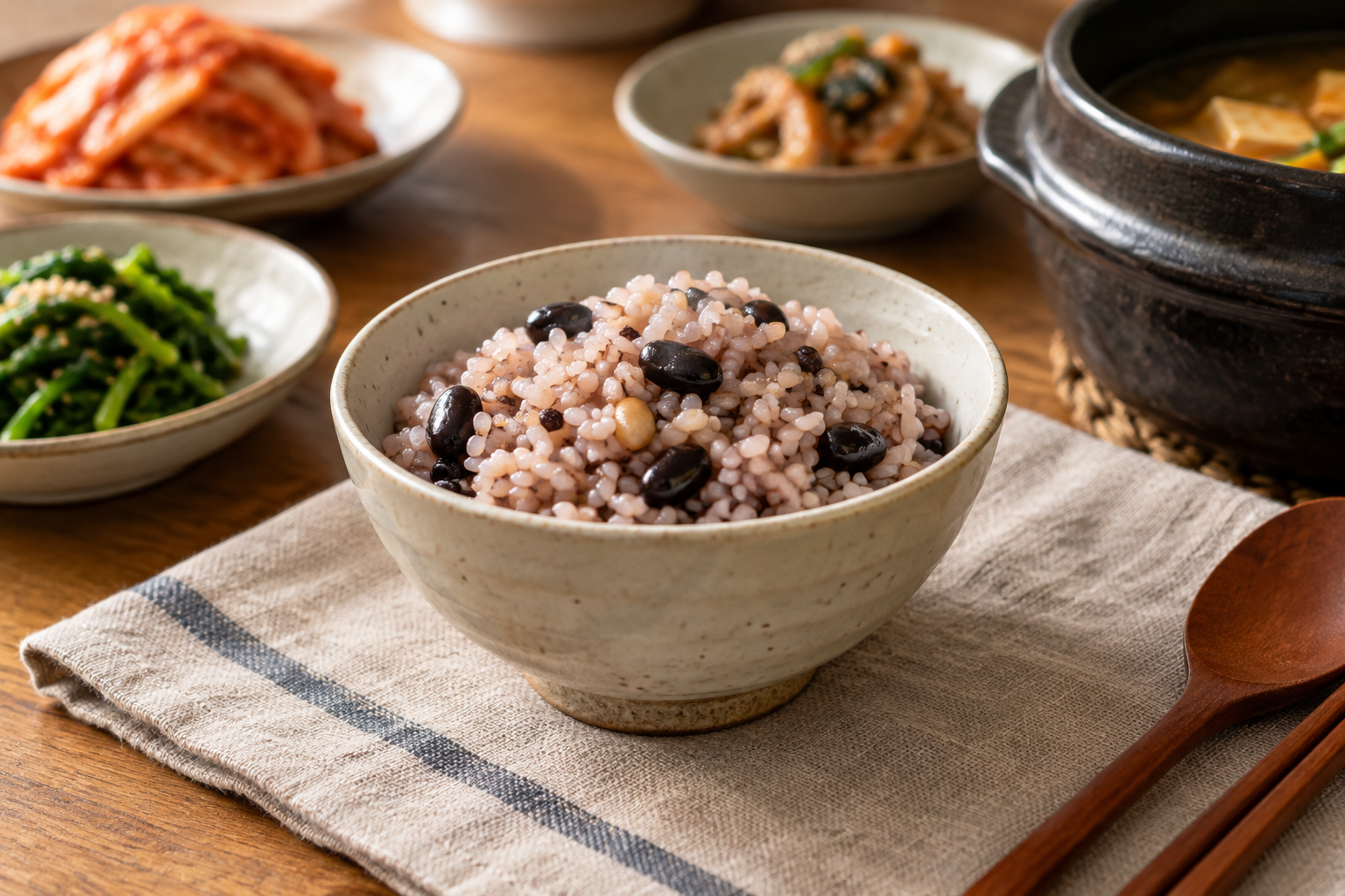 작은 도자기 밥공기에 담긴 콩 잡곡밥