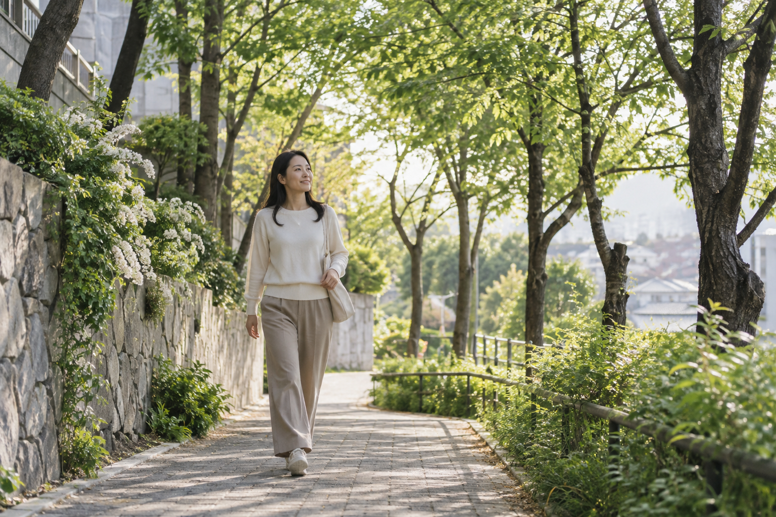 아침 햇살이 비치는 나무 사이 산책로를 걷는 여성