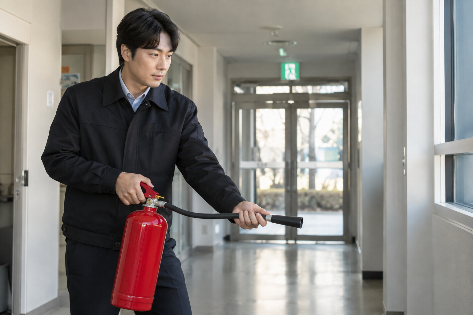 출구를 뒤에 두고 소화기 호스 잡기를 연습하는 성인
