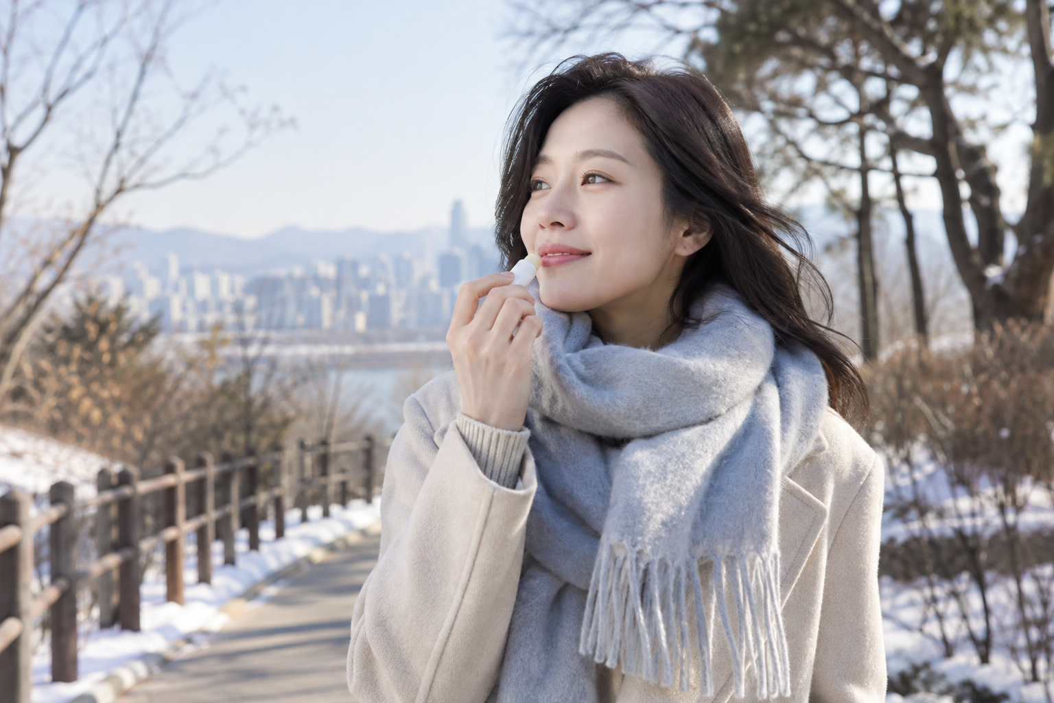 겨울 공원에서 목도리를 두르고 립밤을 바르는 여성