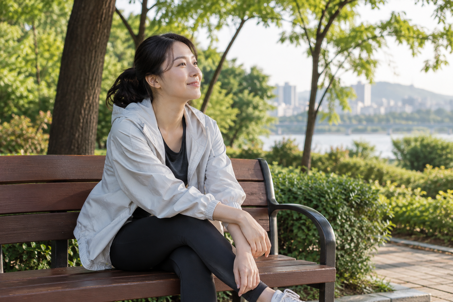 운동복을 입고 공원 벤치에서 쉬는 여성