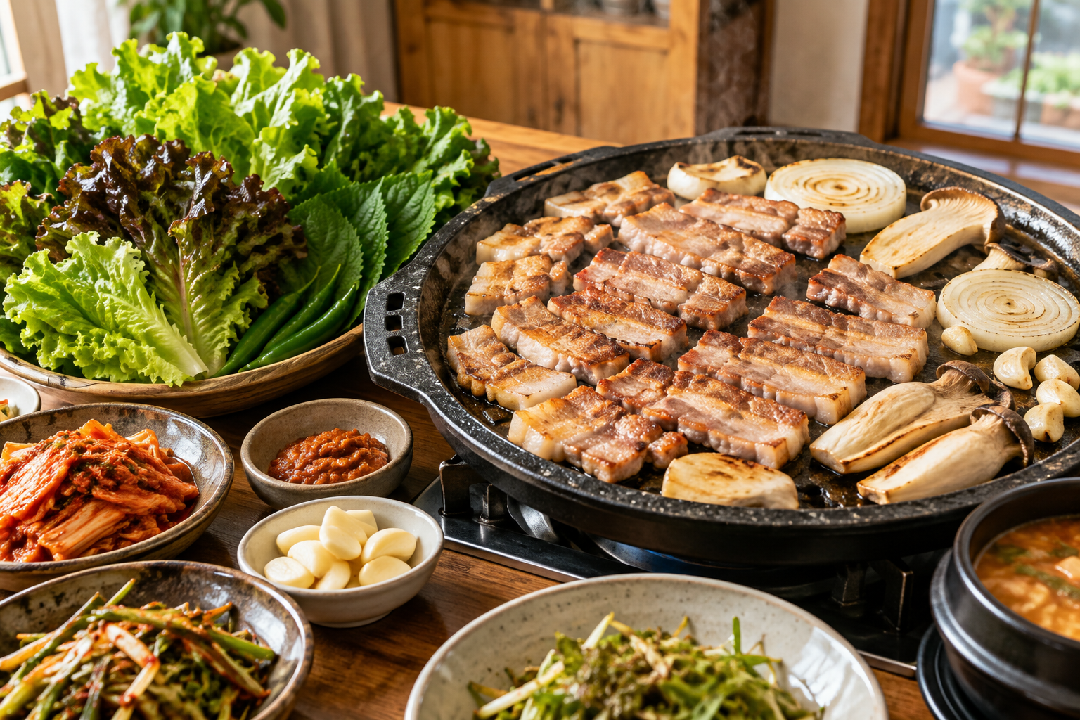 쌈채소와 버섯, 양파를 곁들인 돼지고기 구이
