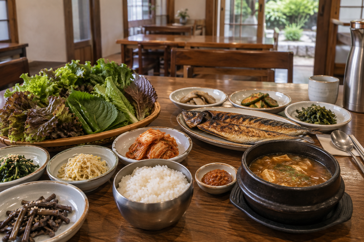 쌈 채소와 생선구이, 밥이 함께 나온 한식 외식 상차림
