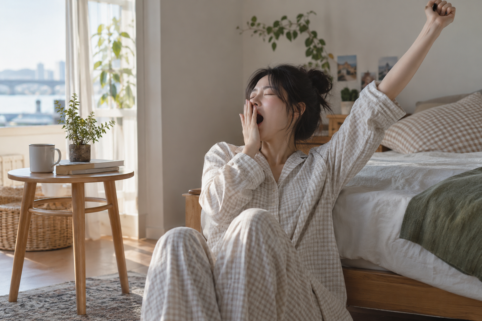 아침 햇빛이 들어오는 침실에서 하품하며 기지개를 켜는 여성