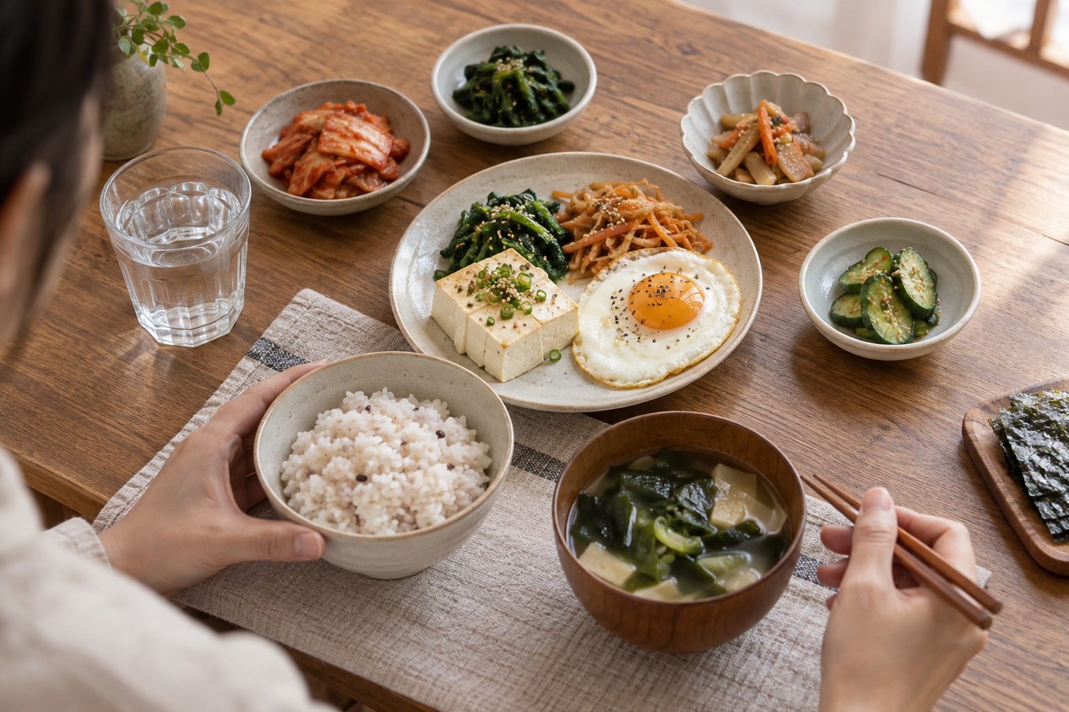 물 한 잔과 밥, 두부, 달걀, 채소가 차려진 식탁