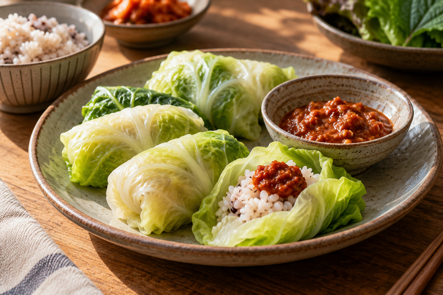밥을 넣은 찐 양배추 쌈과 쌈장