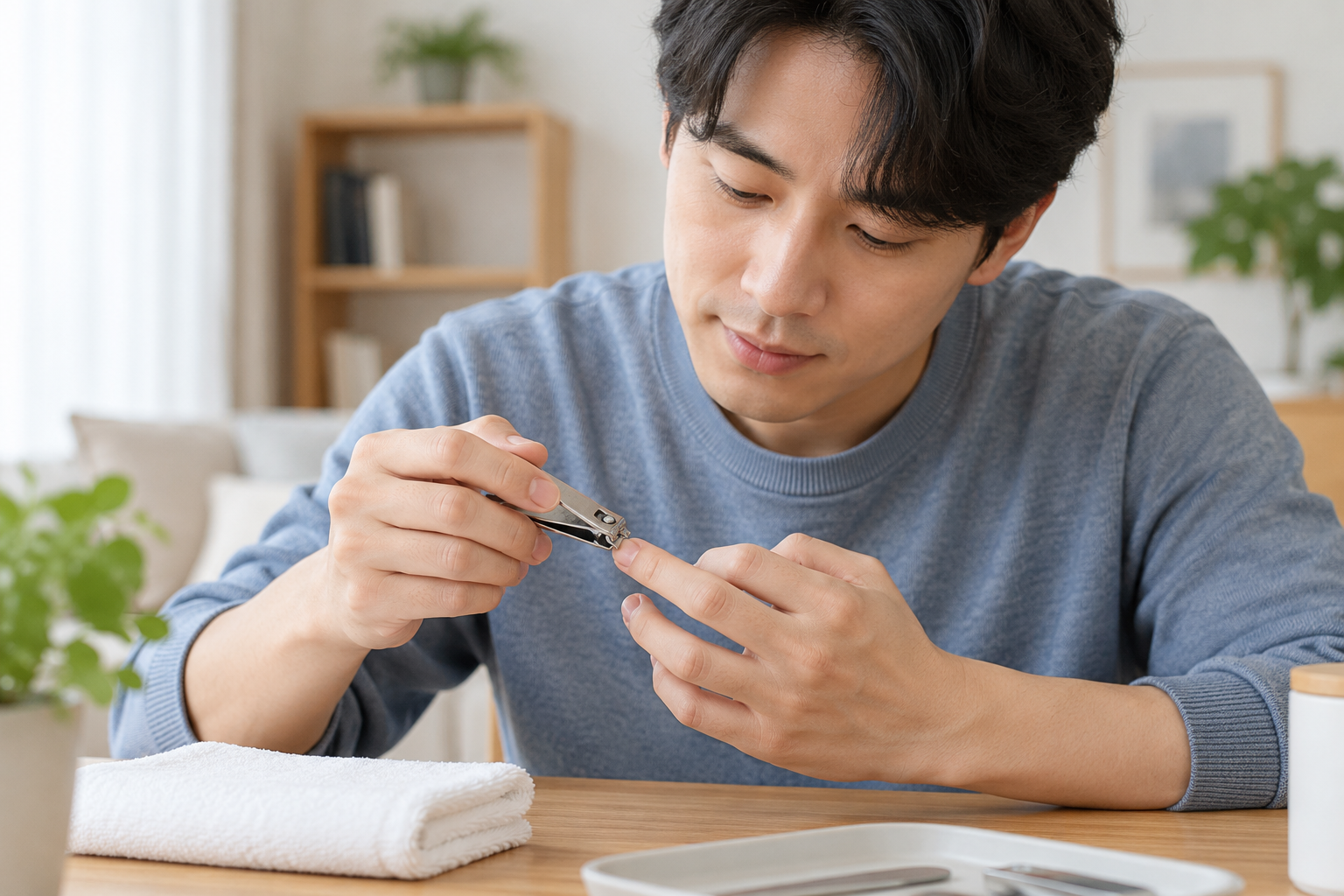 탁자에서 손톱을 짧게 다듬는 손