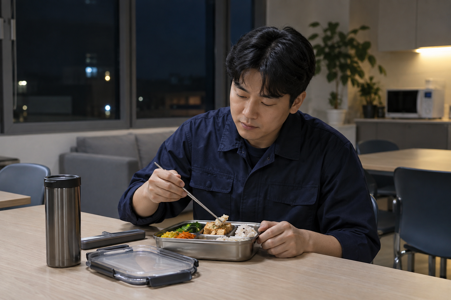 야간 근무 휴게실에서 준비해 온 도시락을 먹는 근무자