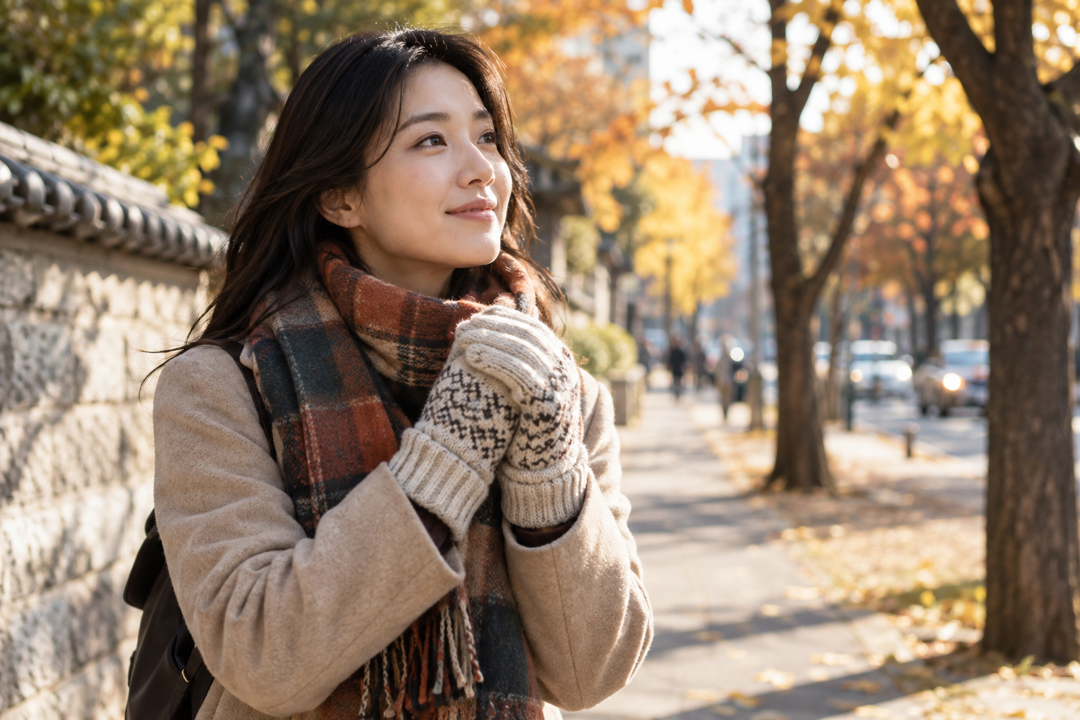 가을 거리에서 니트 장갑을 착용한 한국인 성인