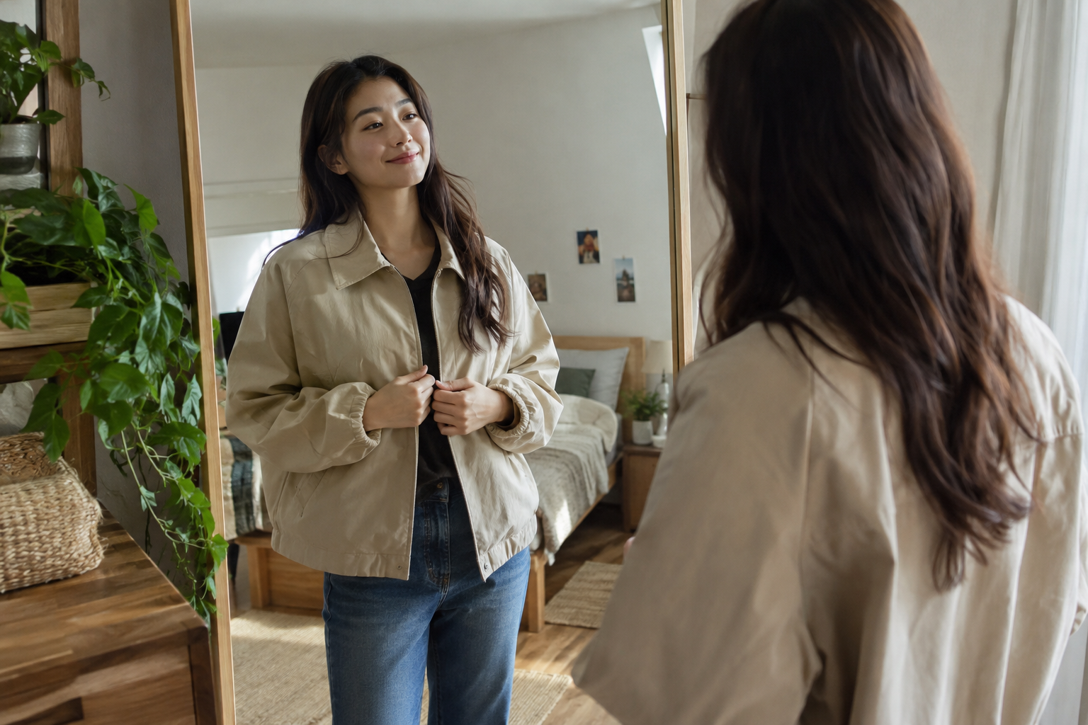 거울 앞에서 편안한 재킷을 입어보는 한국인 성인