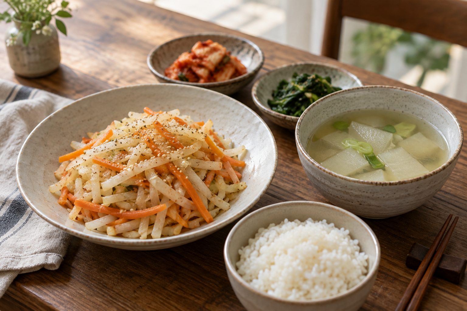 무와 당근을 볶은 반찬과 맑은 무국을 차린 밥상
